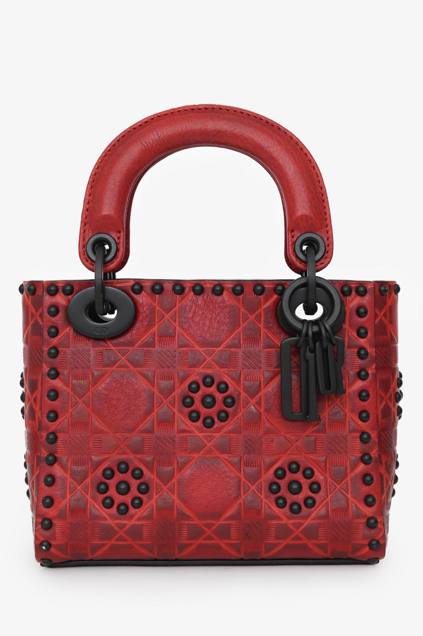 Christian Dior 2018 Red Leather Studded Mini Lady Dior Top Handle with Chain