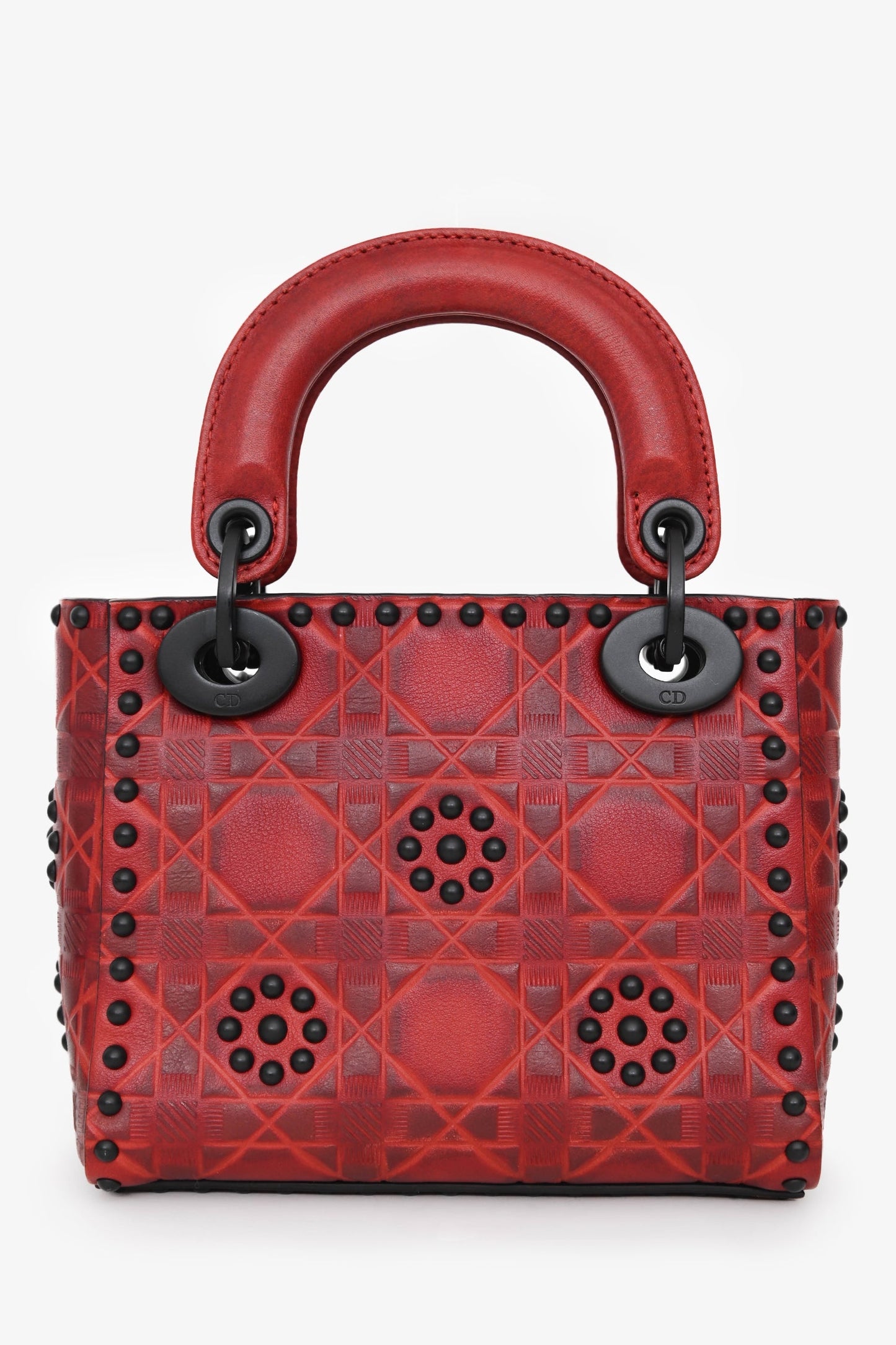 Christian Dior 2018 Red Leather Studded Mini Lady Dior Top Handle with Chain