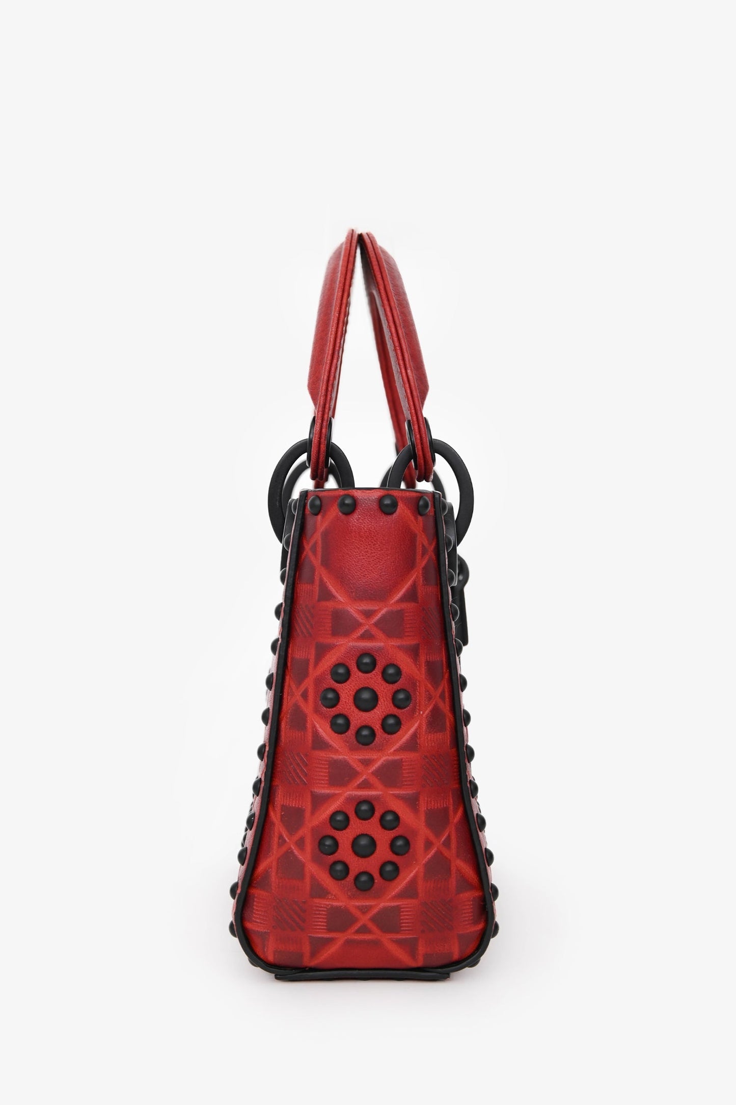 Christian Dior 2018 Red Leather Studded Mini Lady Dior Top Handle with Chain