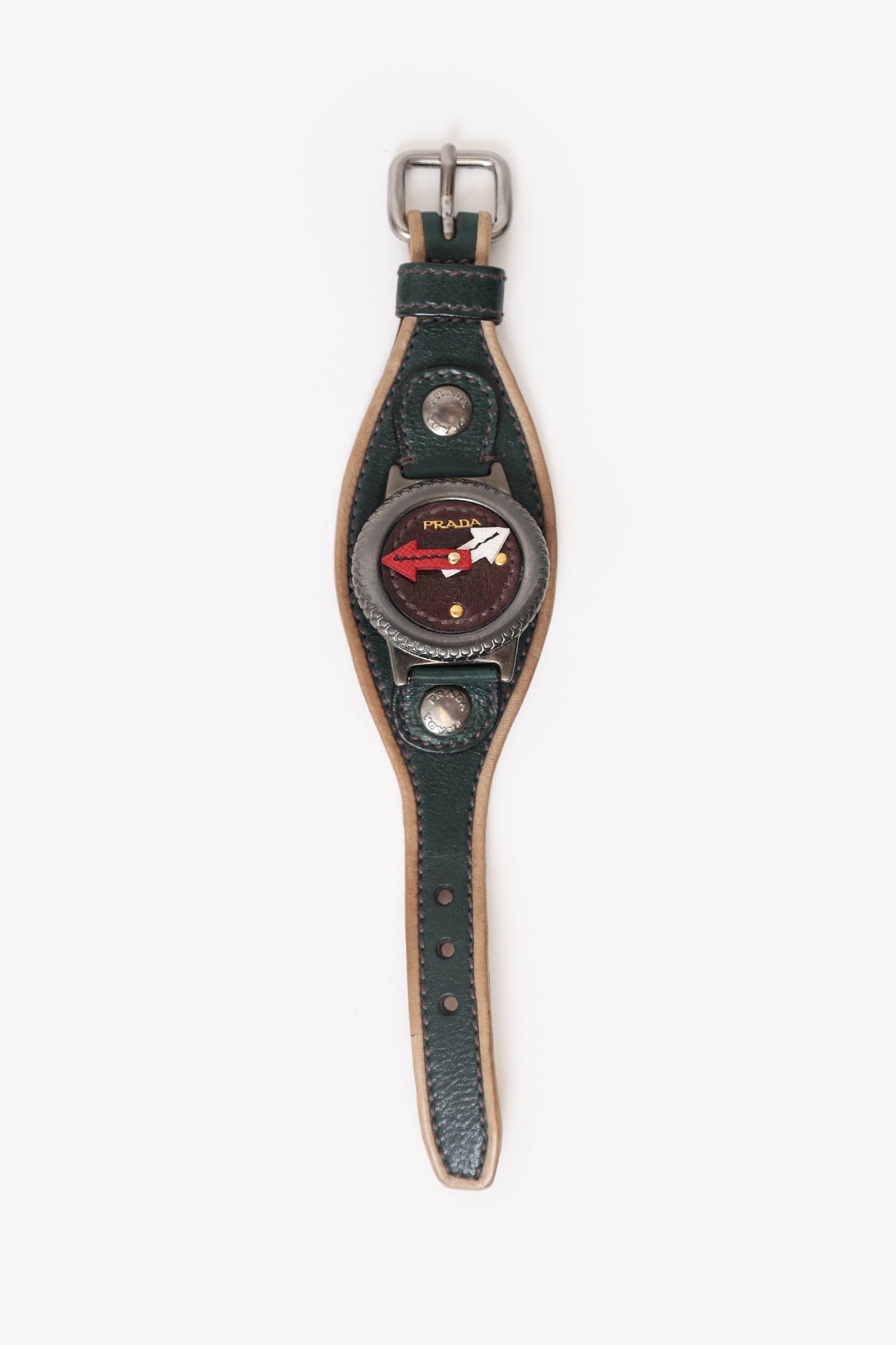 Prada Green Leather Watch Motif Wrap Bracelet