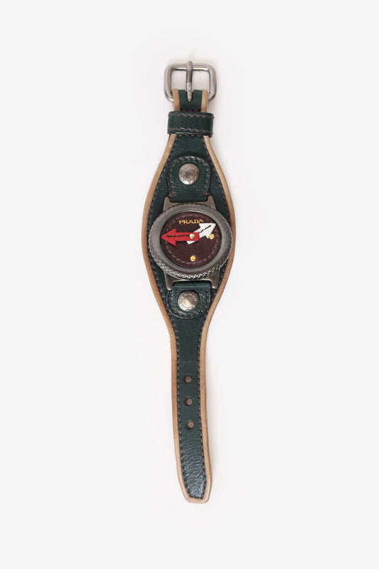 Prada Green Leather Watch Motif Wrap Bracelet