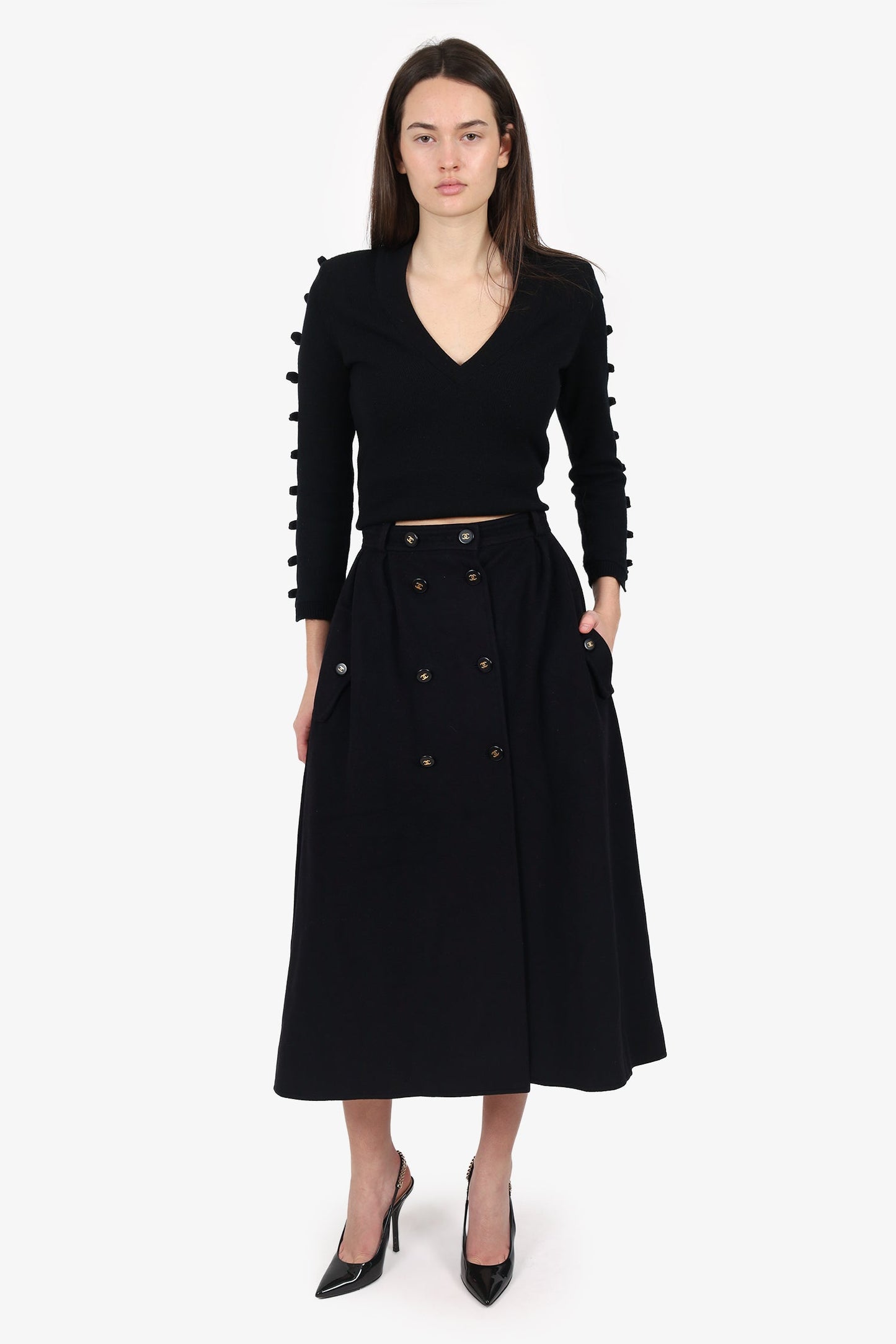 Pre-Loved Chanel™ 95P Black Cashmere CC Button Maxi Skirt Size 38