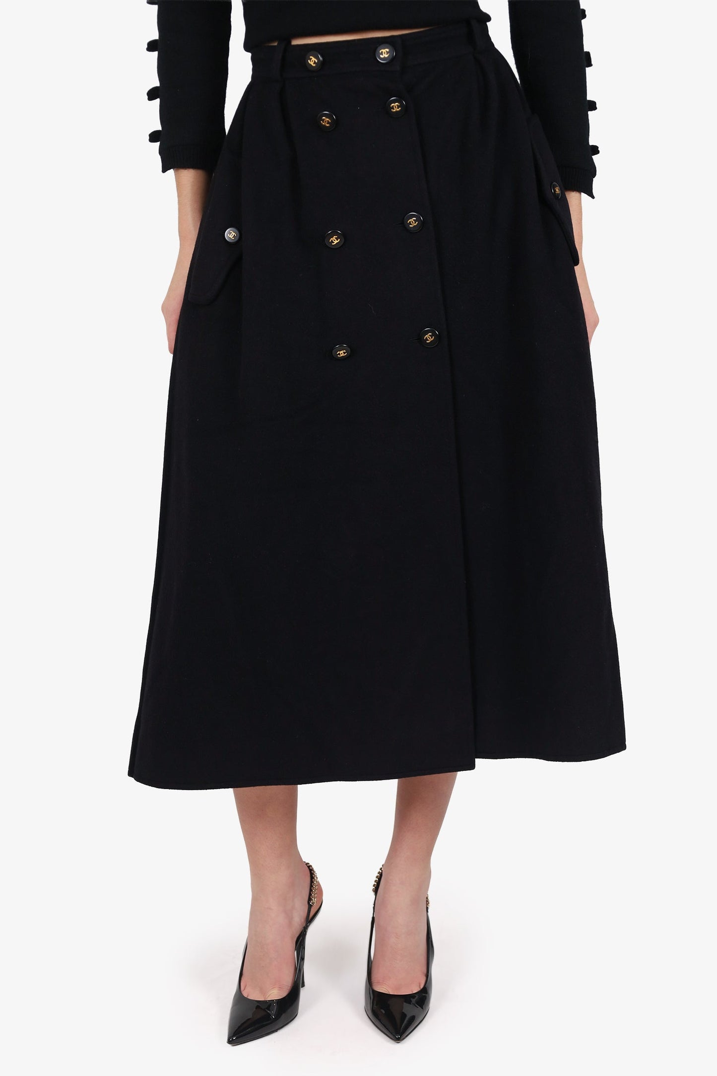 Pre-Loved Chanel™ 95P Black Cashmere CC Button Maxi Skirt Size 38