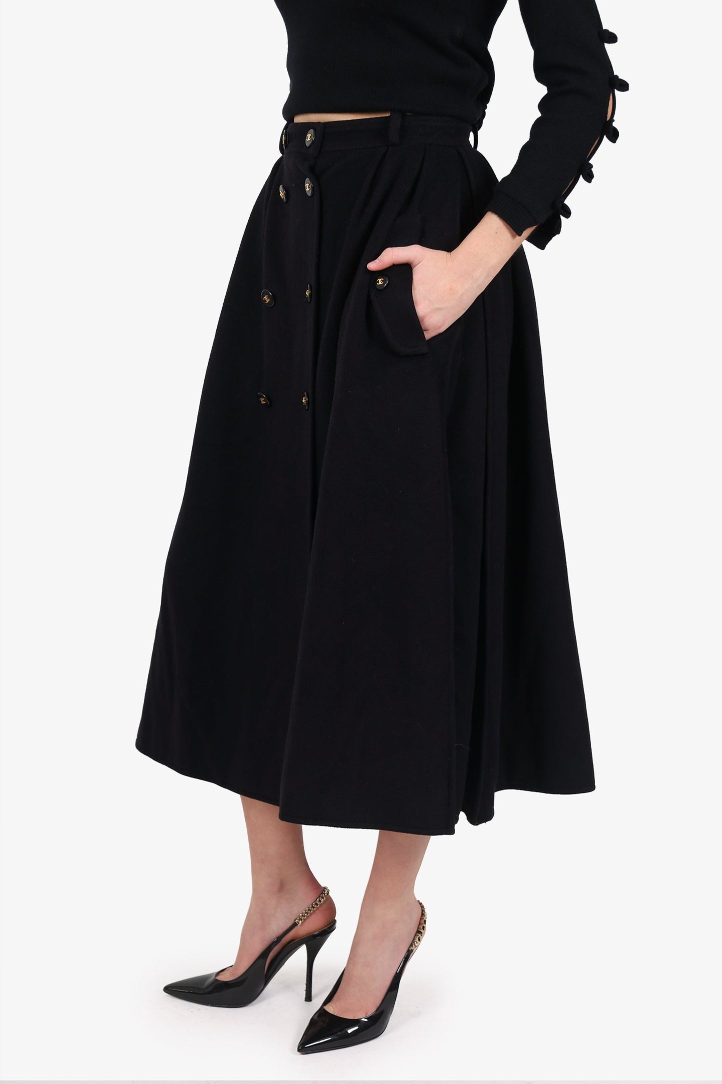 Pre-Loved Chanel™ 95P Black Cashmere CC Button Maxi Skirt Size 38