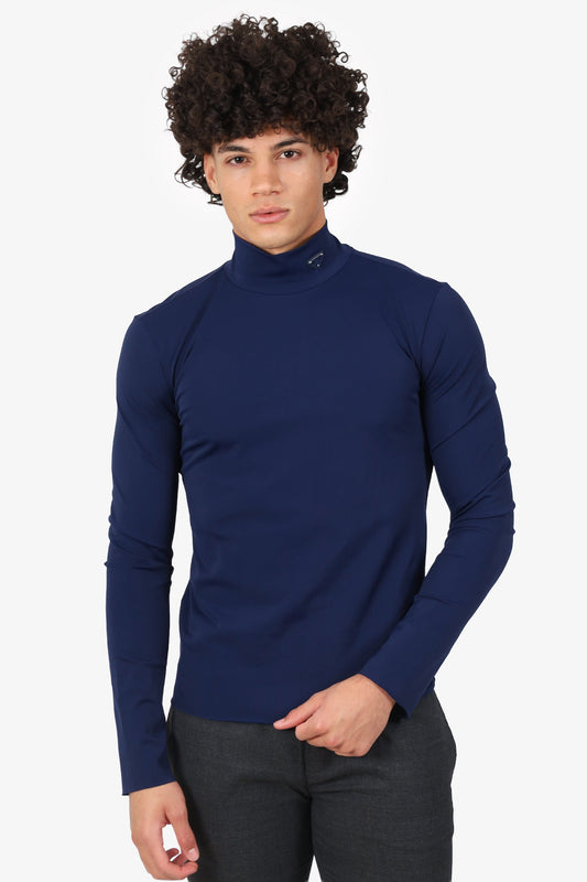 Prada NavyTechnical Jersey Triangle Logo Turtleneck Sweater Size L