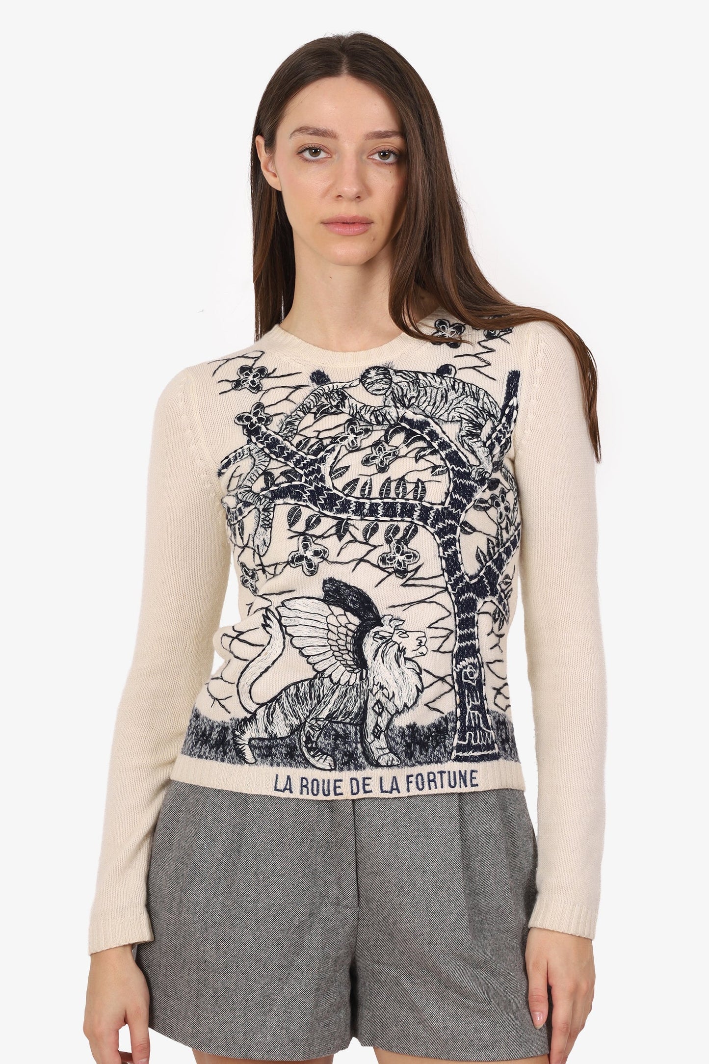 Christian Dior Cream/Black Cashmere 'La Roue De La Fortune' Embroidered Sweater Size 2