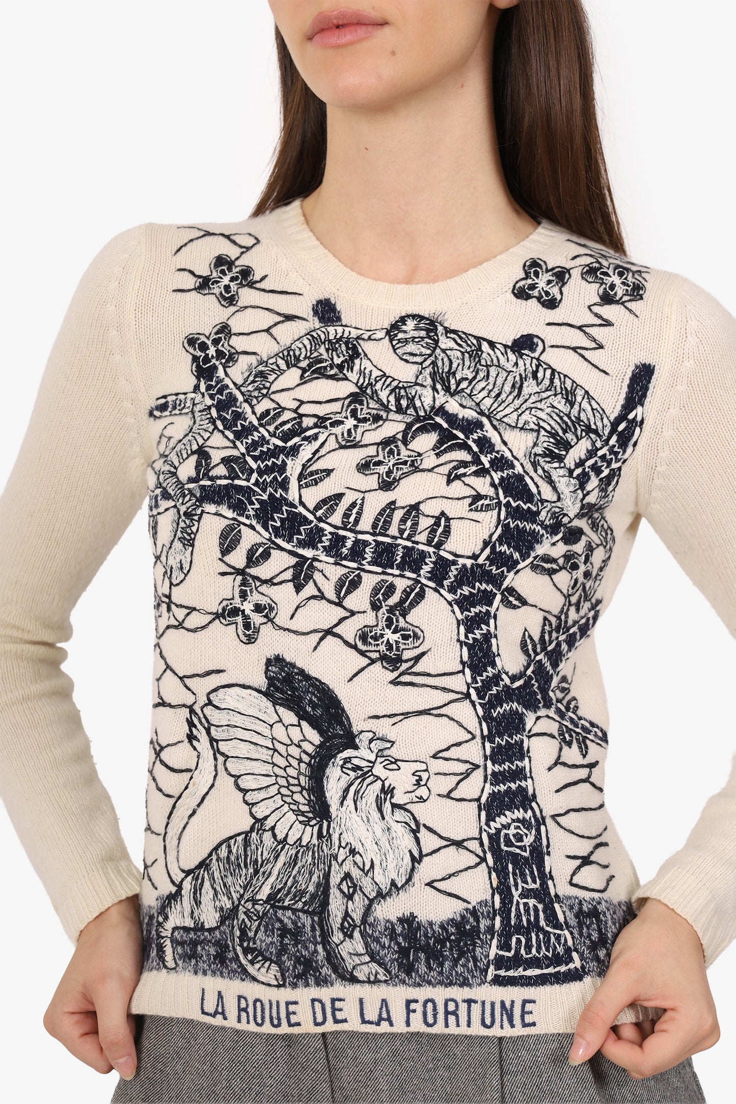 Christian Dior Cream/Black Cashmere 'La Roue De La Fortune' Embroidered Sweater Size 2