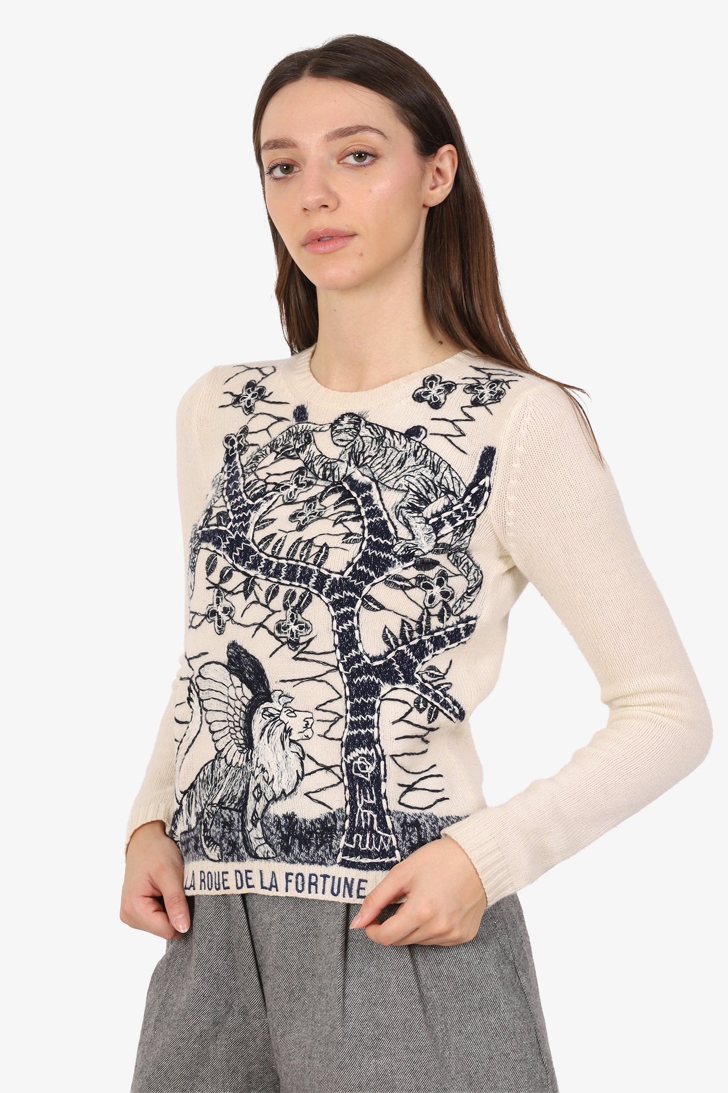 Christian Dior Cream/Black Cashmere 'La Roue De La Fortune' Embroidered Sweater Size 2