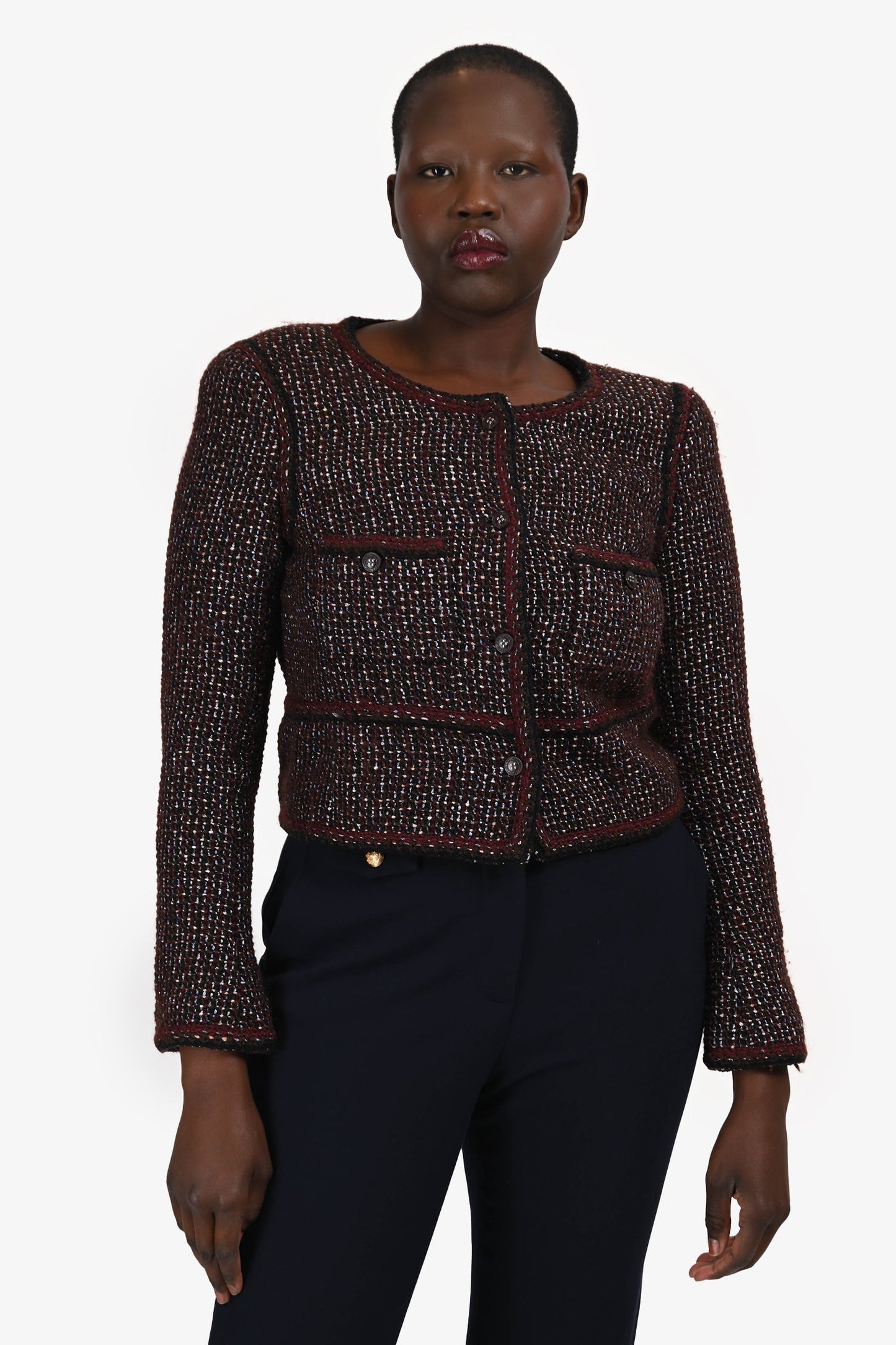 Pre-Loved Chanel™ 2002 Burgundy Wool Tweed Jacket Size 40