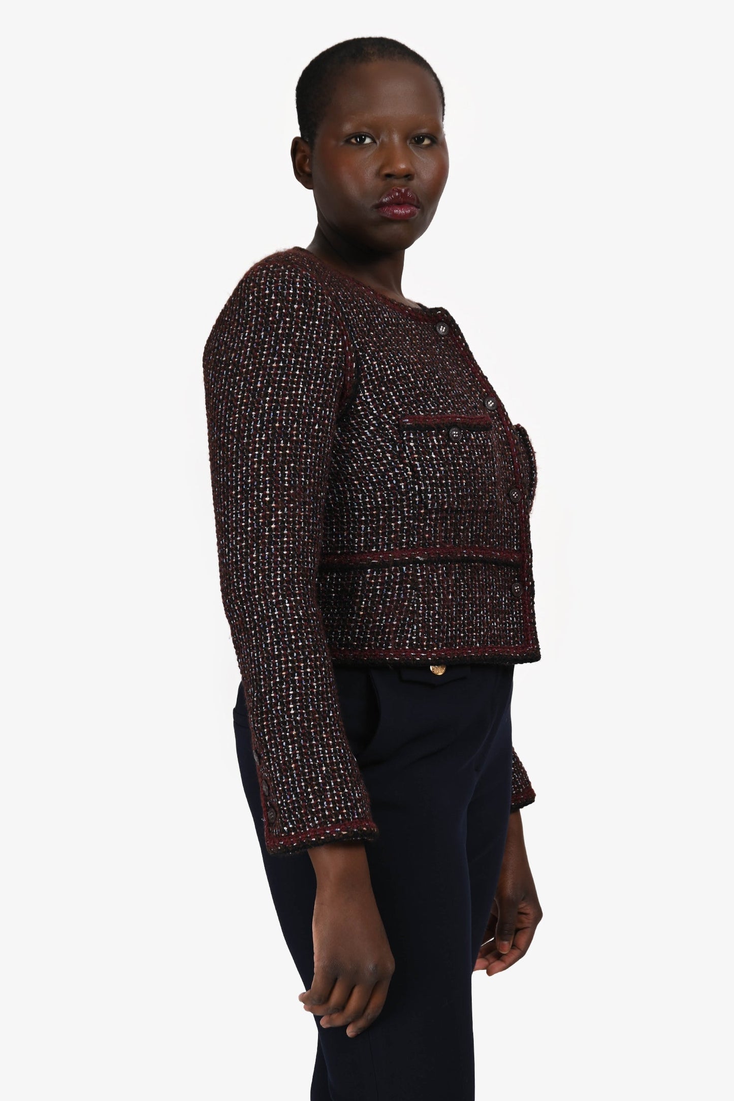 Pre-Loved Chanel™ 2002 Burgundy Wool Tweed Jacket Size 40