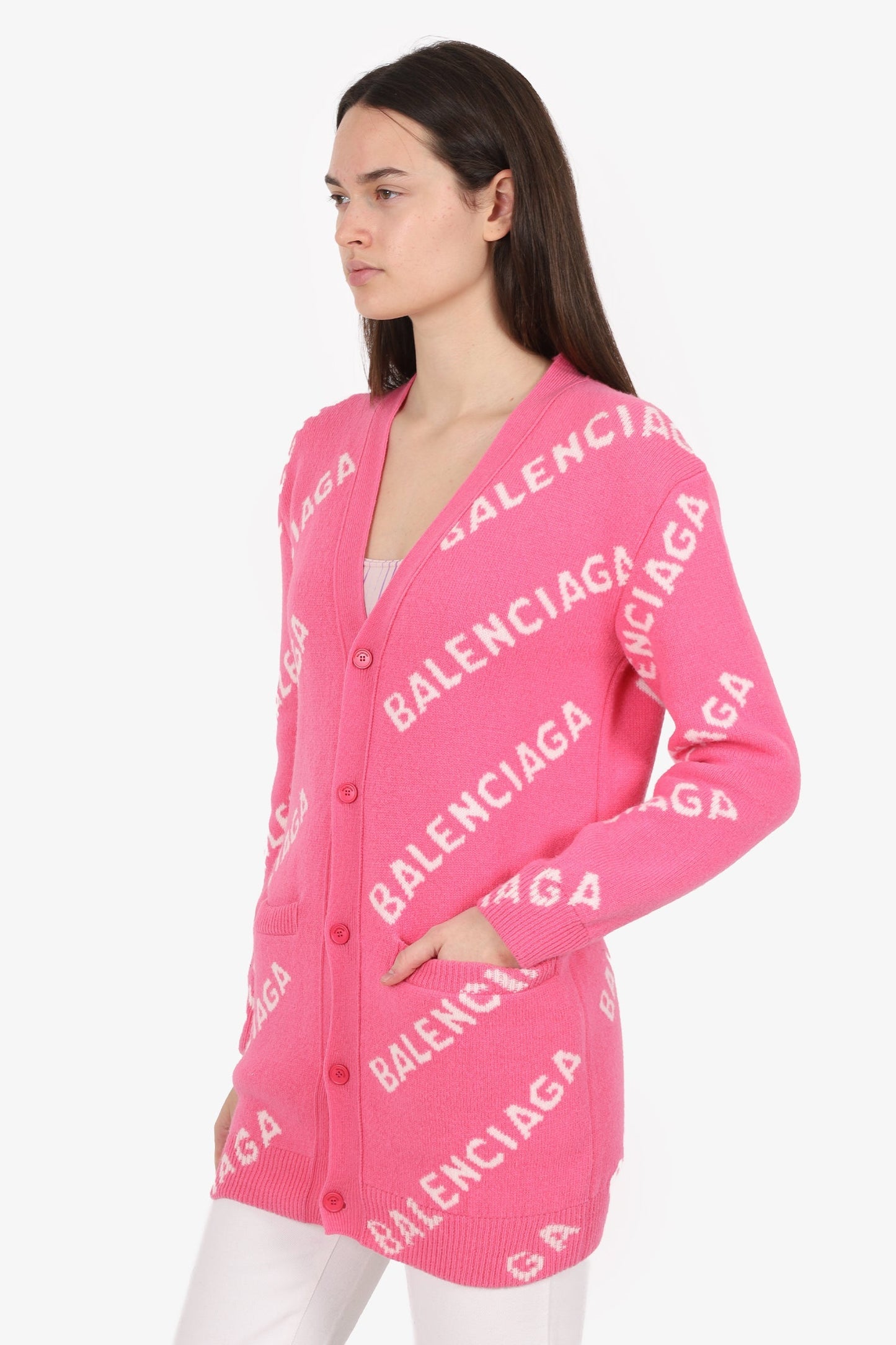 Balenciaga Pink Wool Logo All Over Cardigan Size XS