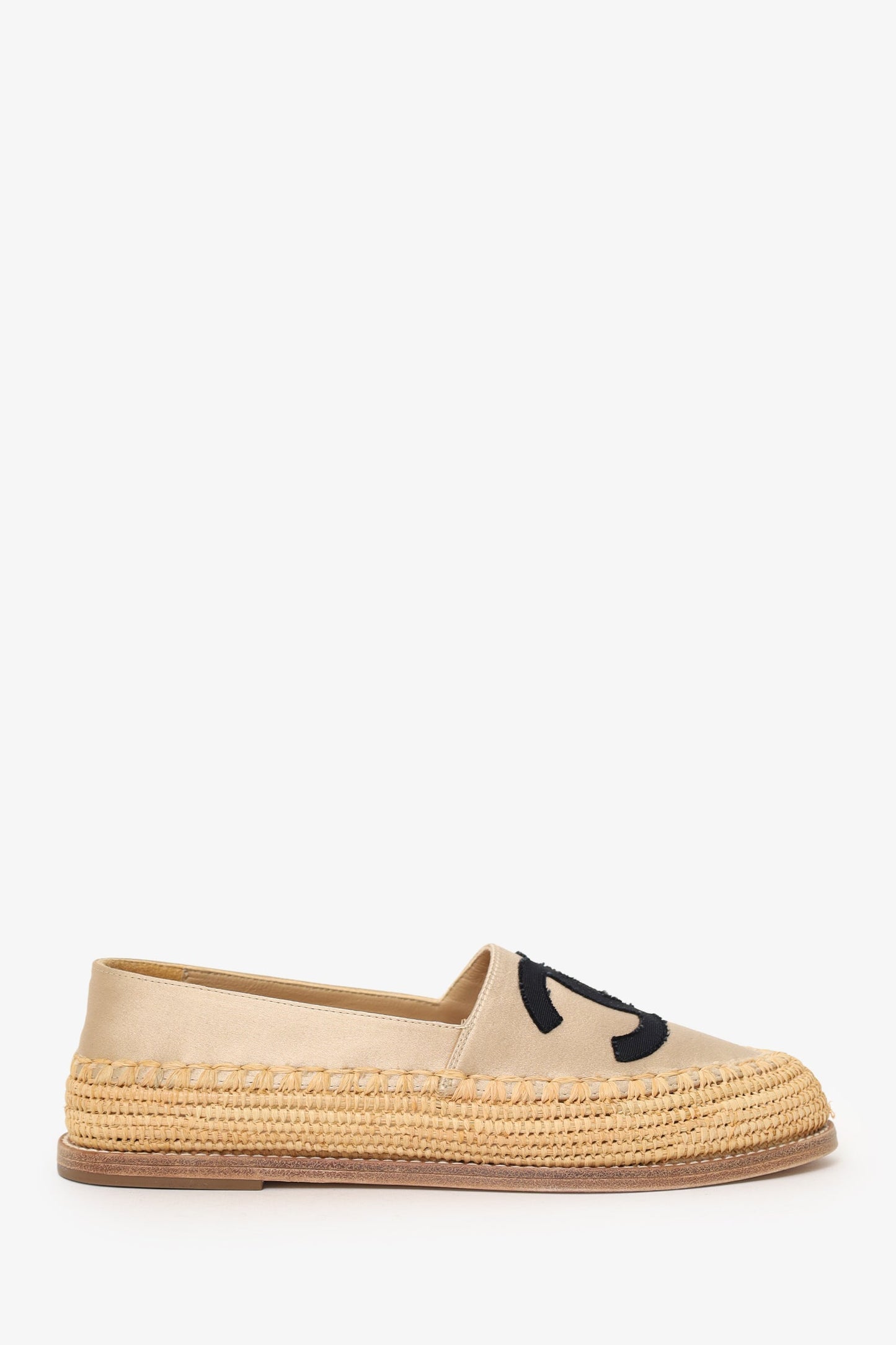 Pre-Loved Chanel™ Beige/Black Satin/Woven Raffia CC Espadrille Flats Size 36