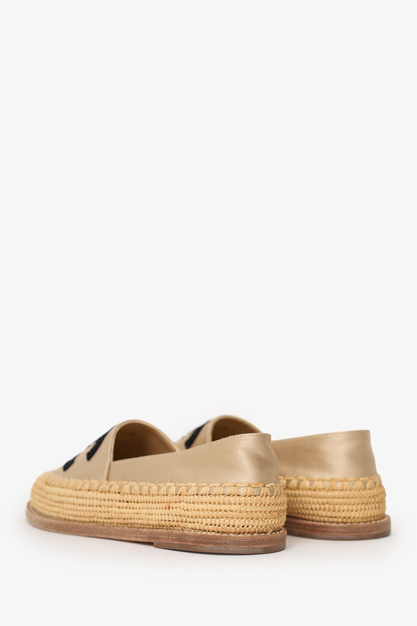 Pre-Loved Chanel™ Beige/Black Satin/Woven Raffia CC Espadrille Flats Size 36
