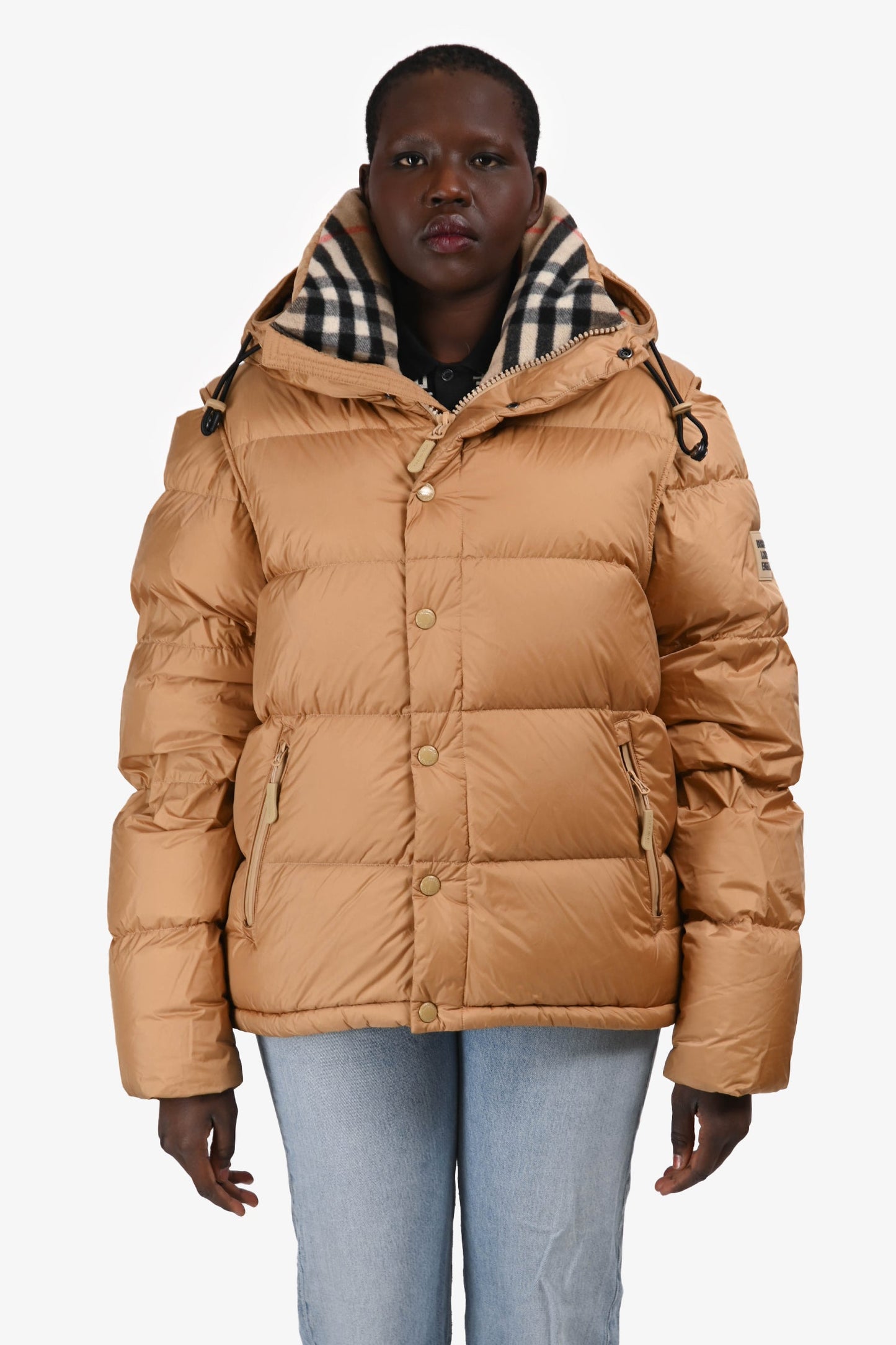 Burberry London Tan Hooded Removable Sleeve Puffer Jacket Size L Mens