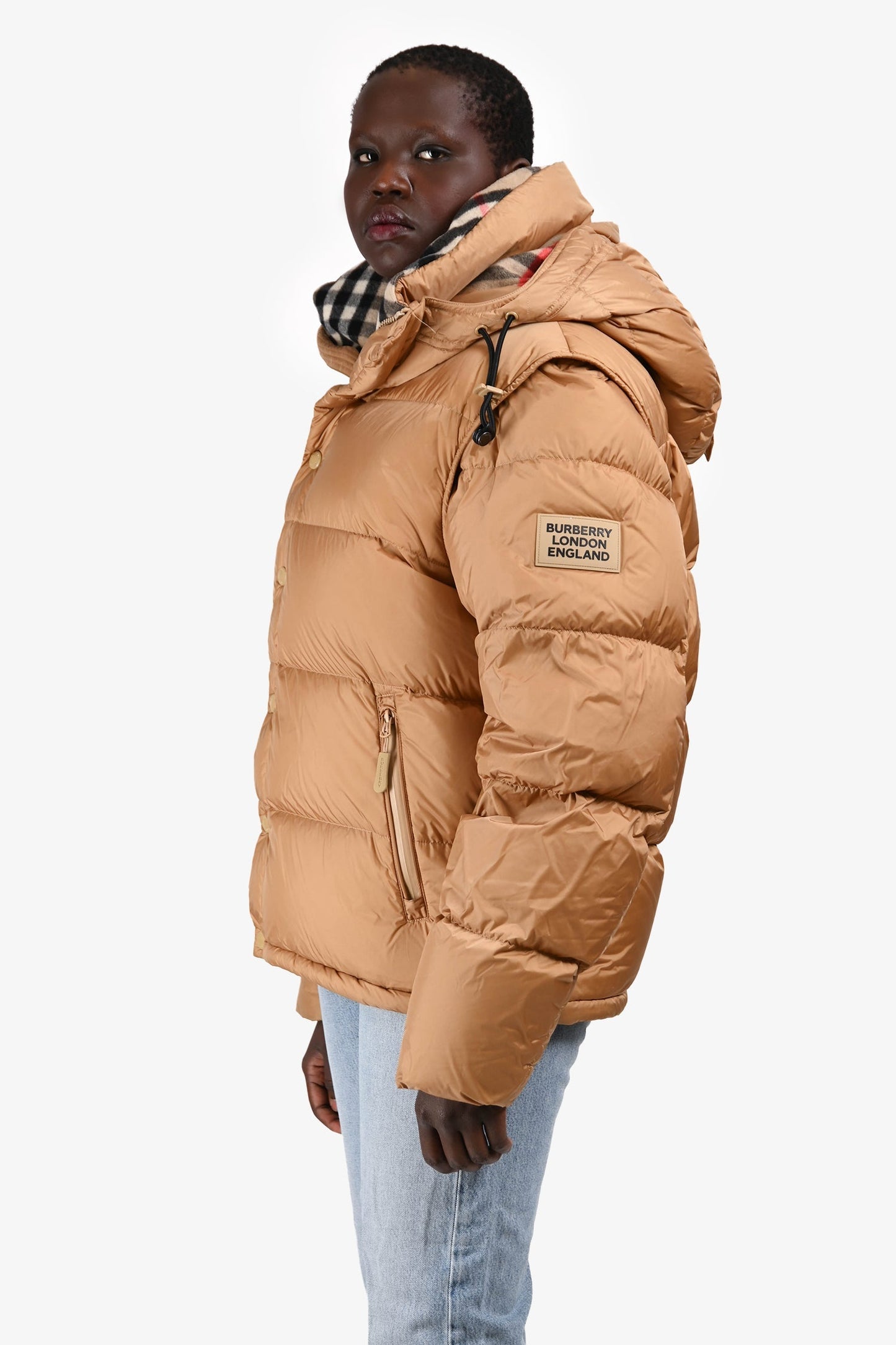 Burberry London Tan Hooded Removable Sleeve Puffer Jacket Size L Mens
