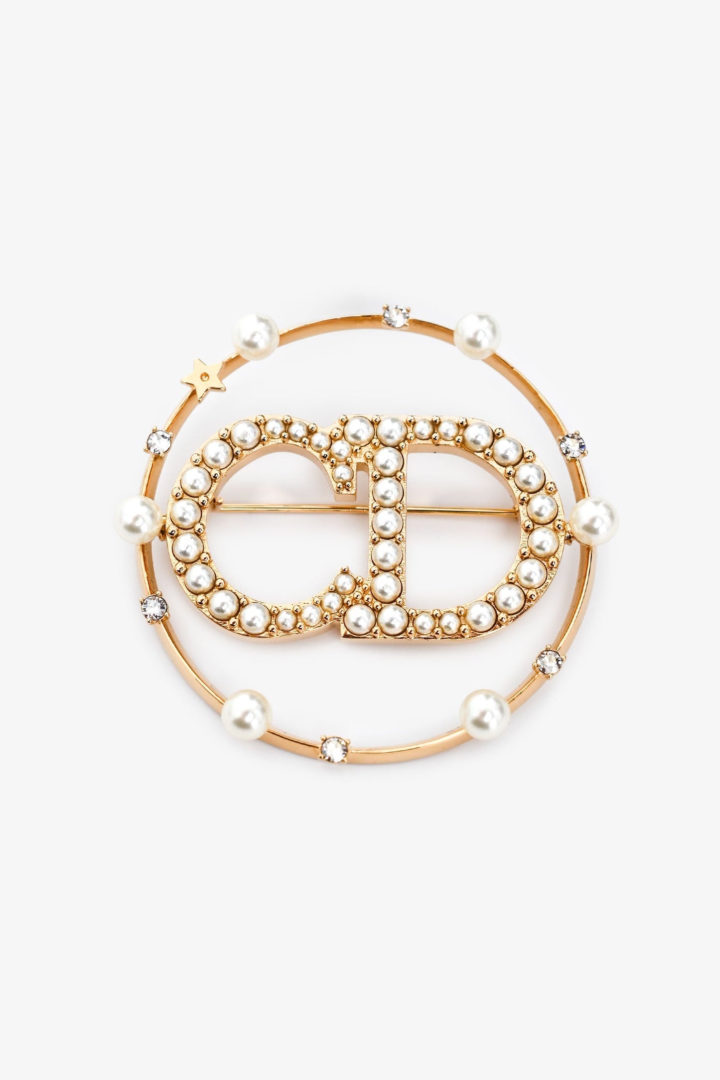 Christian Dior Gold Tone Faux Pearl Crystal Claire D Lune Brooch