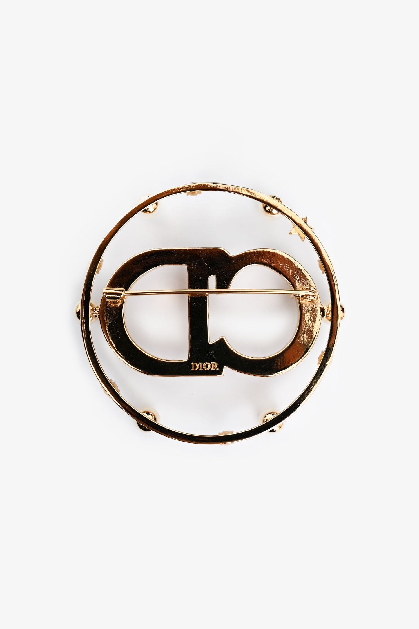 Christian Dior Gold Tone Faux Pearl Crystal Claire D Lune Brooch