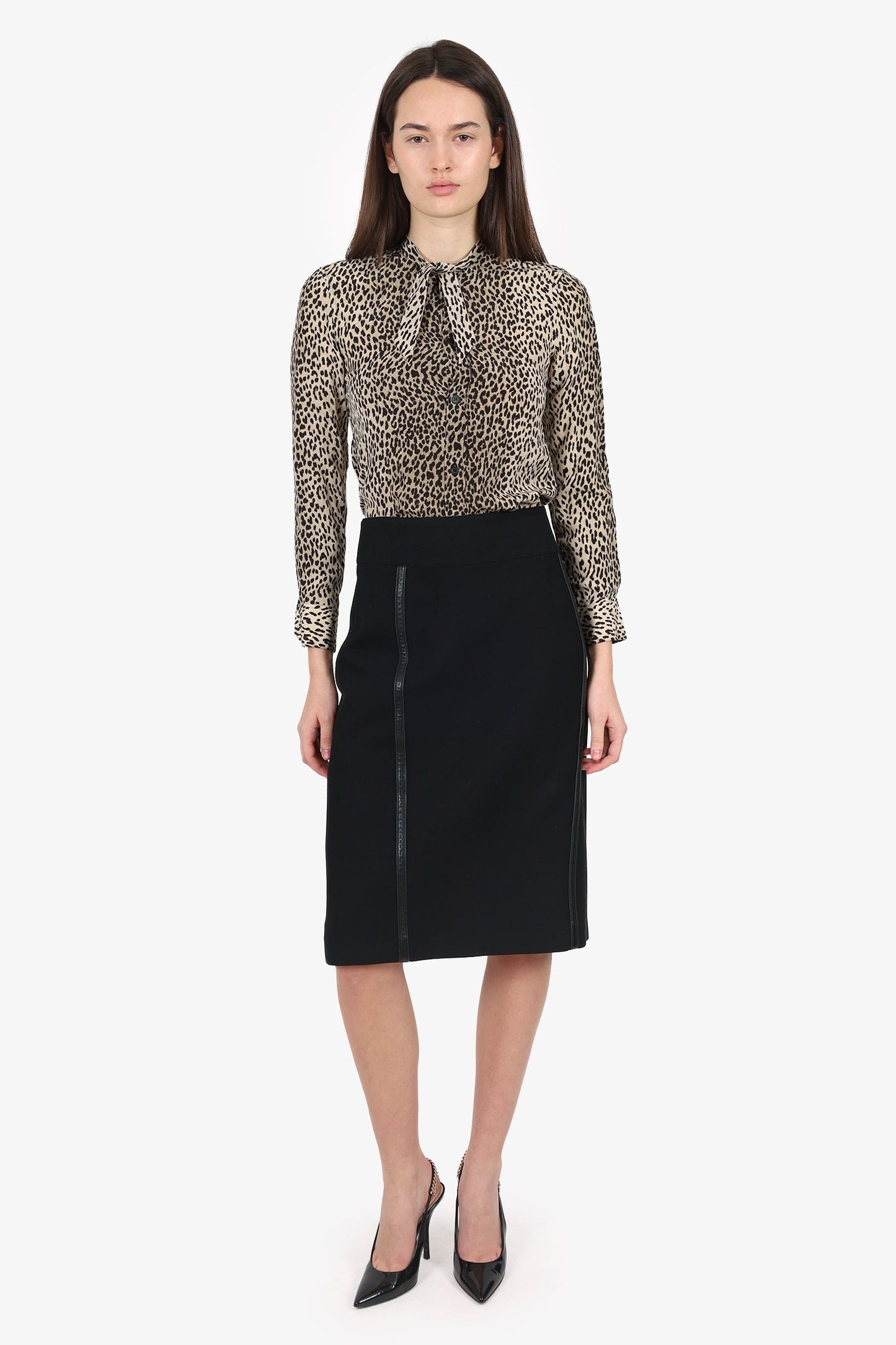 Burberry London Black Leather Trim Knee Length Skirt Size 14