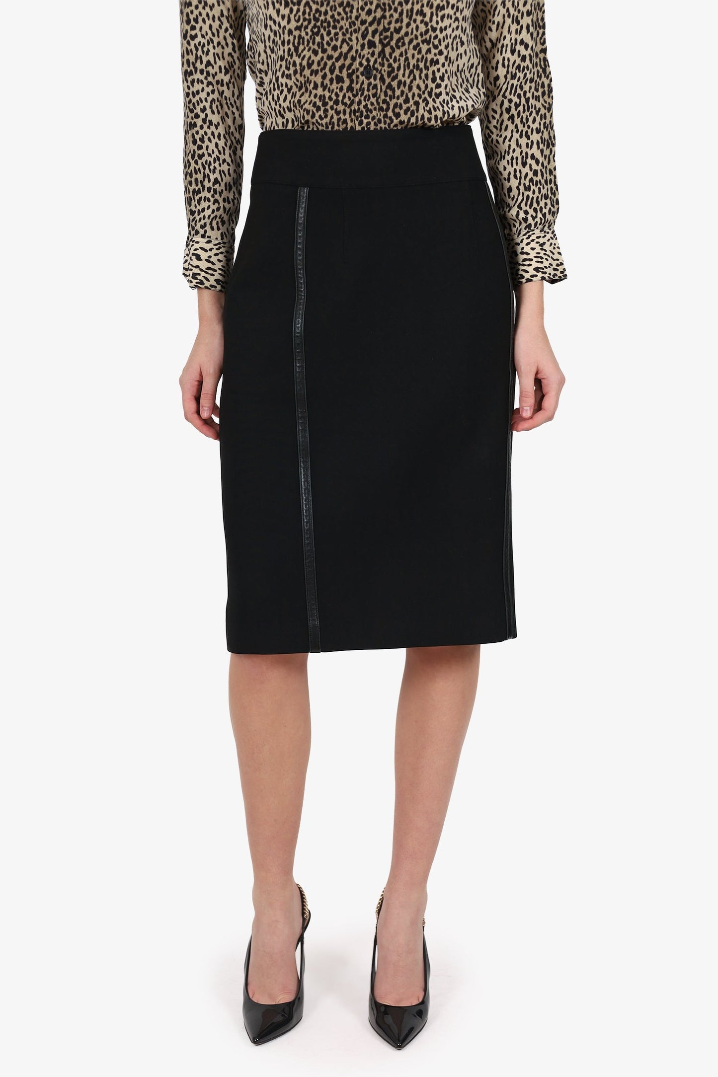 Burberry London Black Leather Trim Knee Length Skirt Size 14
