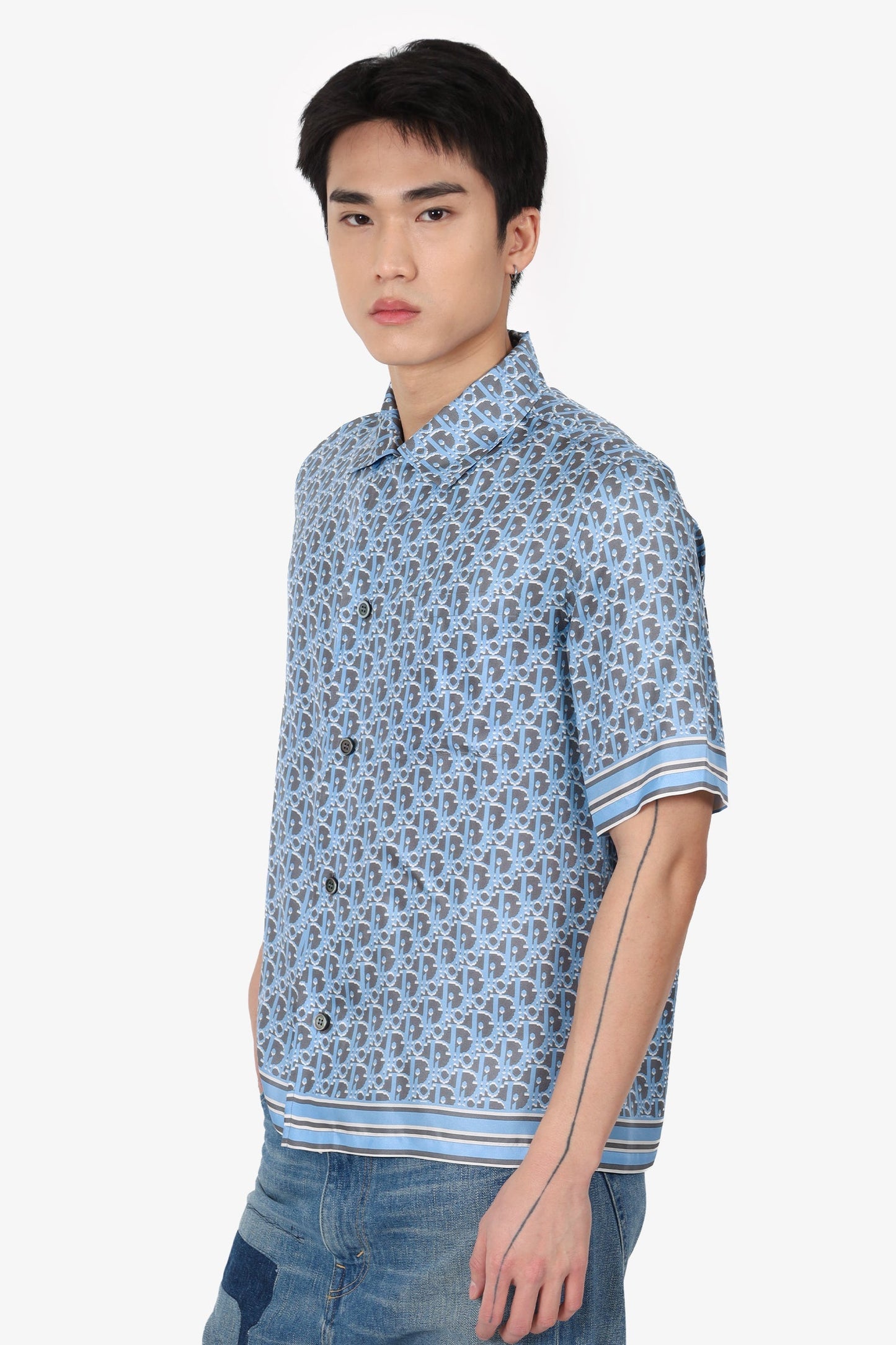 Dior Grey/Blue Silk Oblique Printed Short Sleeve Shirt Size 37 Mens