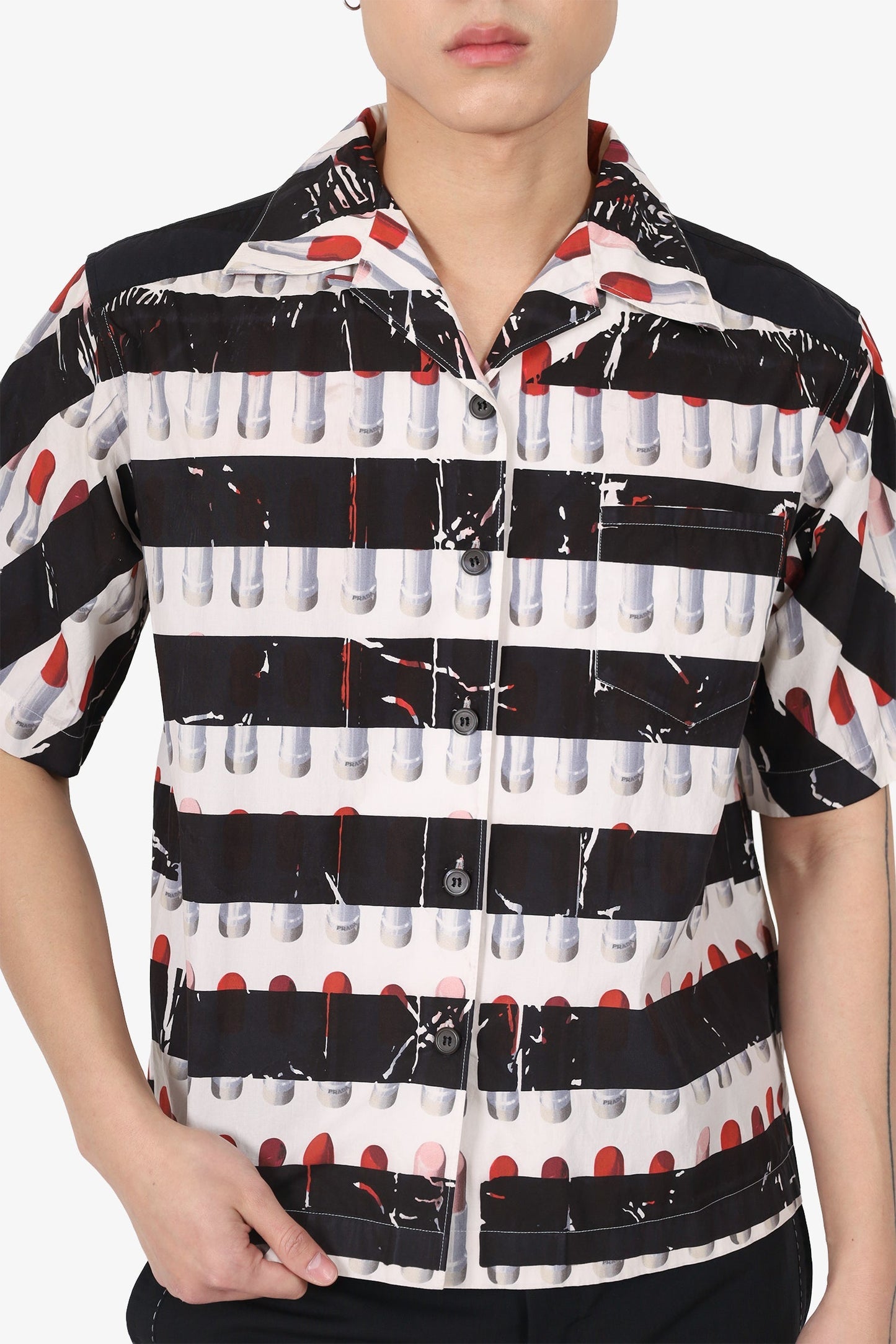 Prada Black/Pink Lipstick Print Short Sleeve Shirt Size 38