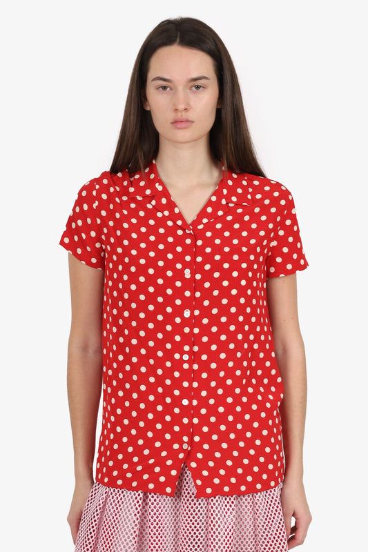 Burberry Red/White Polka Dot Silk Short Sleeve Button Down Blo  Size 4