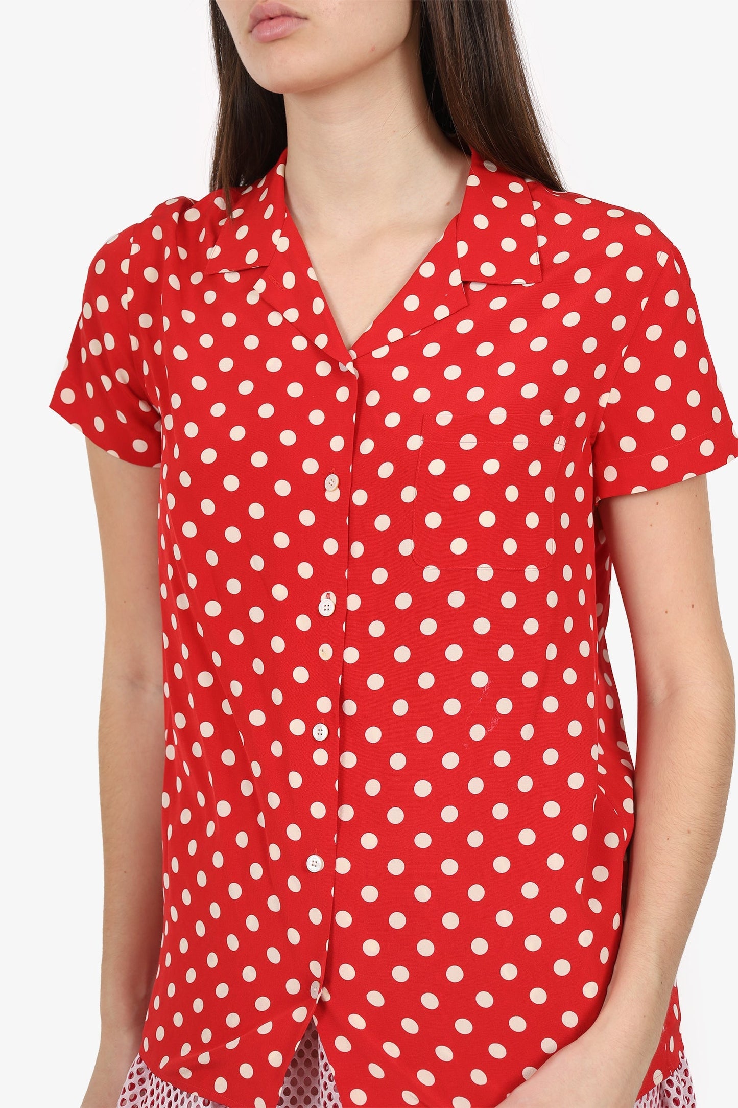 Burberry Red/White Polka Dot Silk Short Sleeve Button Down Blo  Size 4