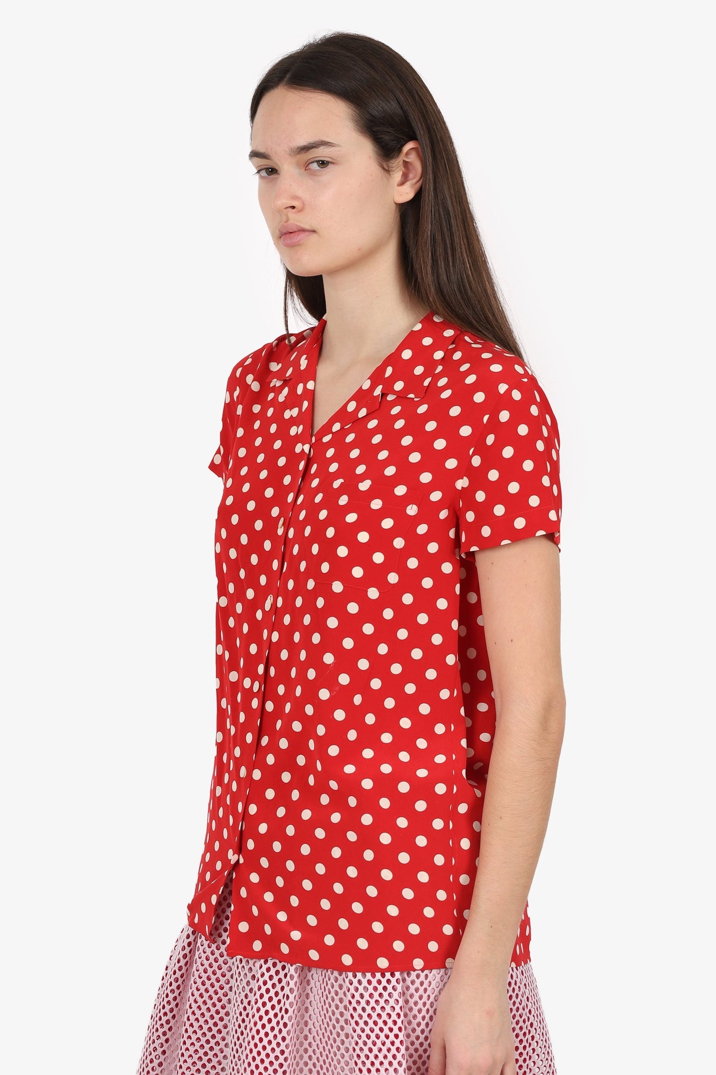 Burberry Red/White Polka Dot Silk Short Sleeve Button Down Blo  Size 4