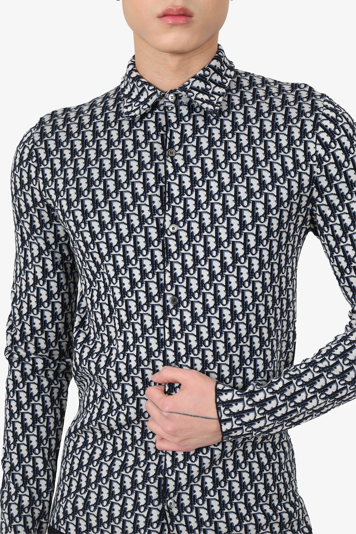 Dior Cream/Navy Knit Oblique Monogram Long Sleeve Button Down Shirt Size XXS Mens