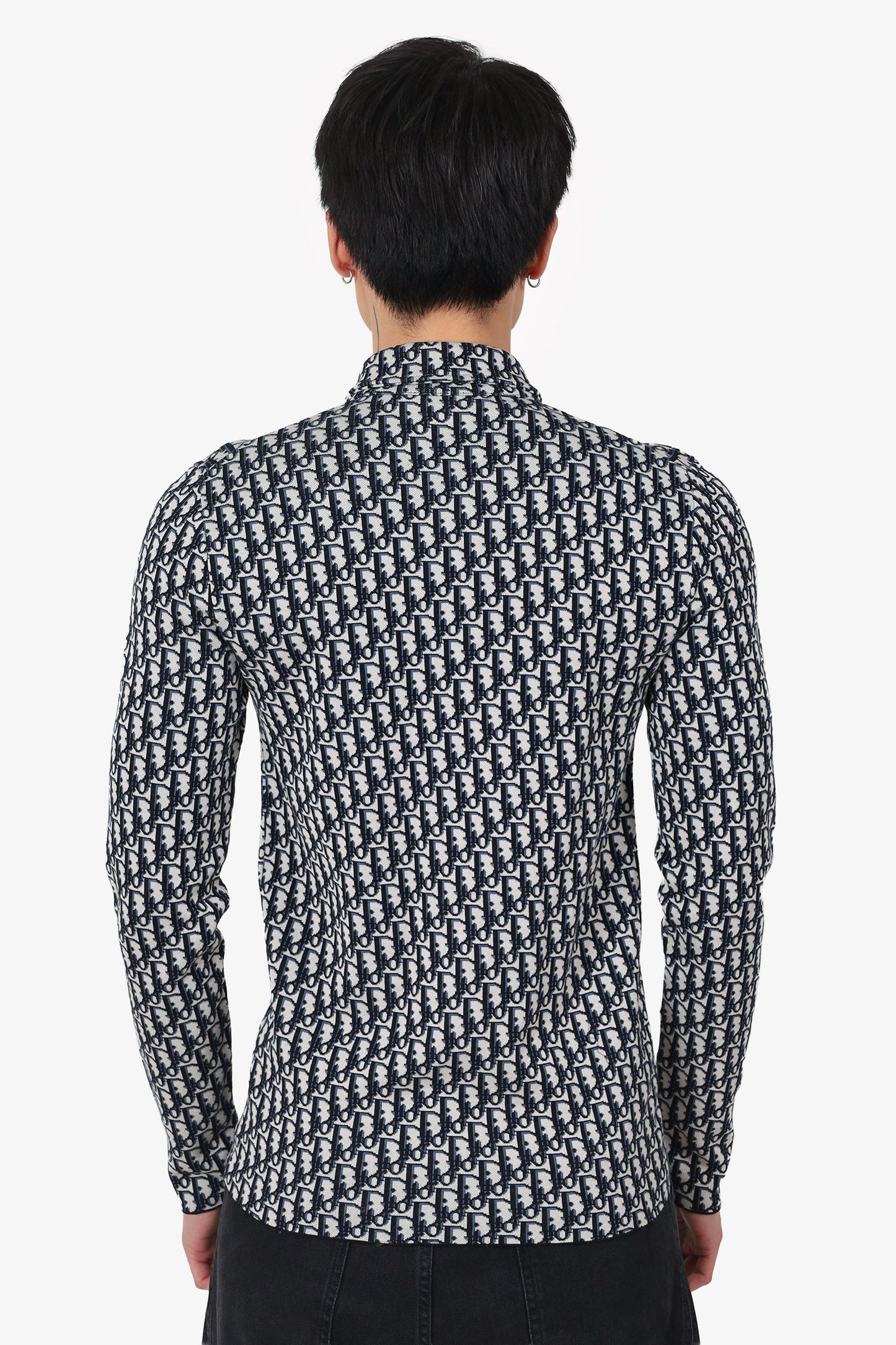Dior Cream/Navy Knit Oblique Monogram Long Sleeve Button Down Shirt Size XXS Mens