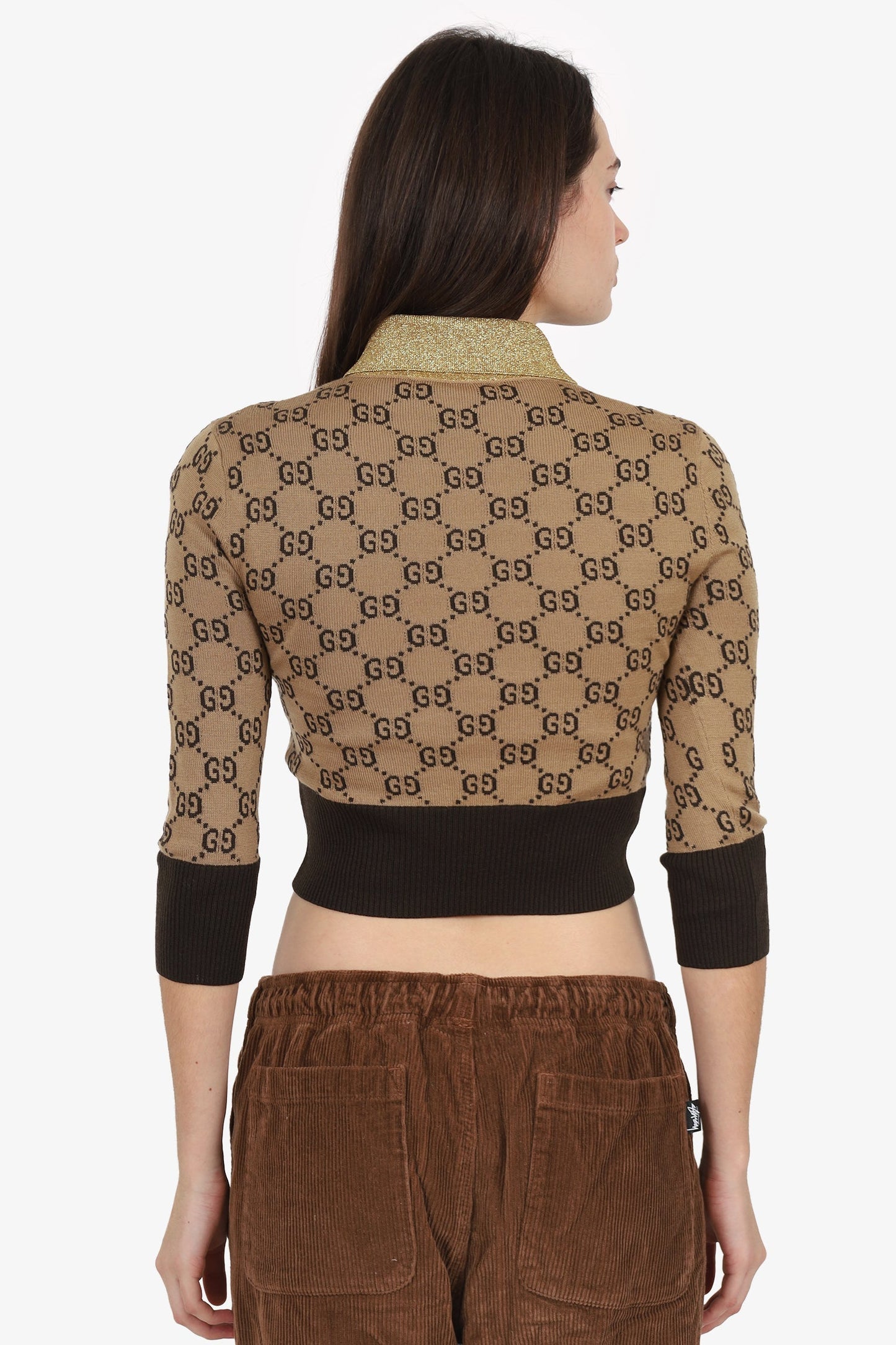 Gucci Beige/Gold Metallic Knit 'GG' Quarter-length Sleeve Top Size XS