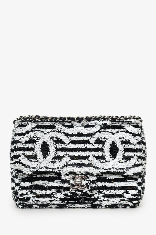 Pre-Loved Chanel™ 24S Black/White Sequins CC Mini Single Flap Bag