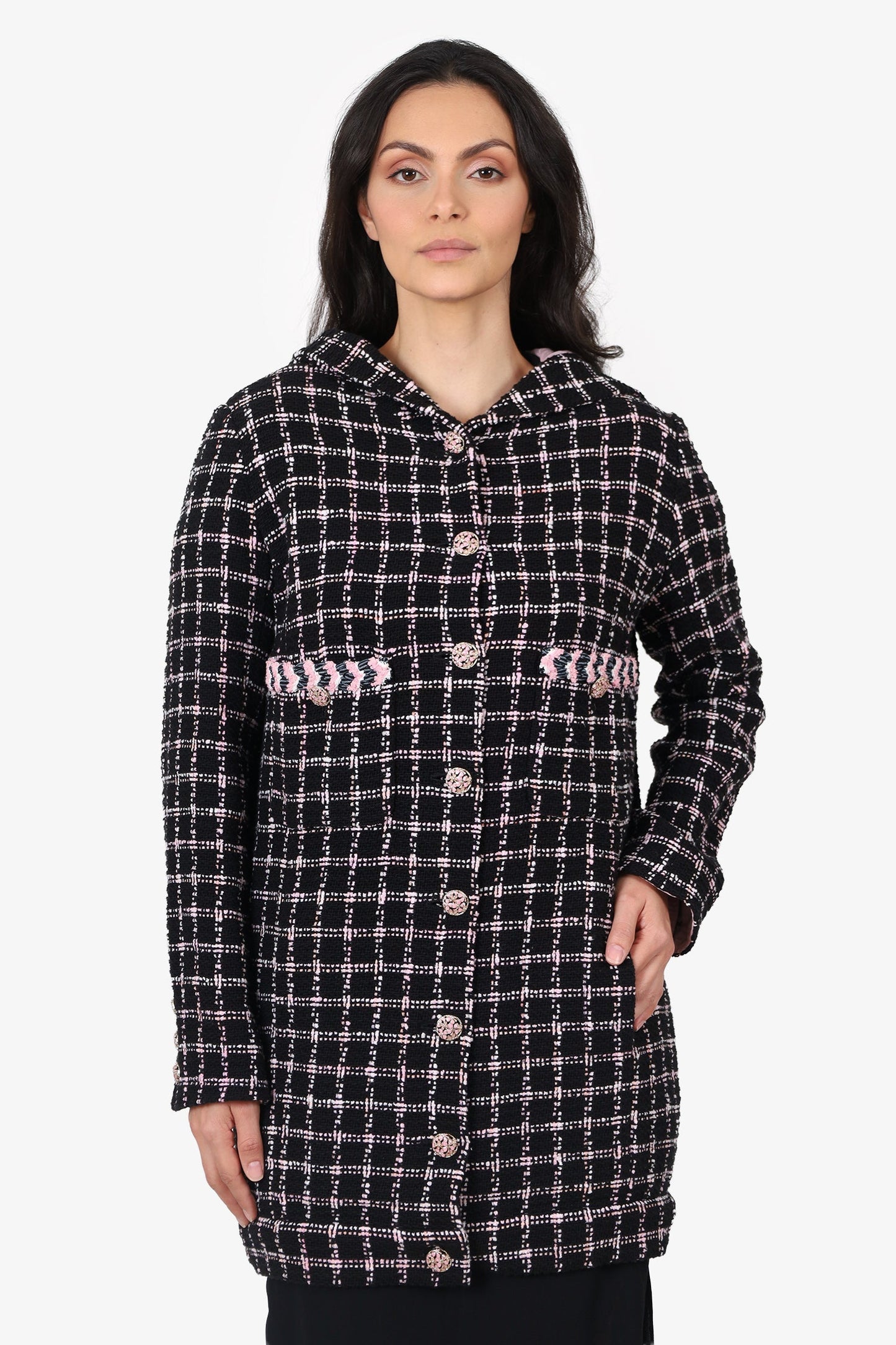 Chanel™ 24S Black/Pink Tweed Coat With Hood Size 42