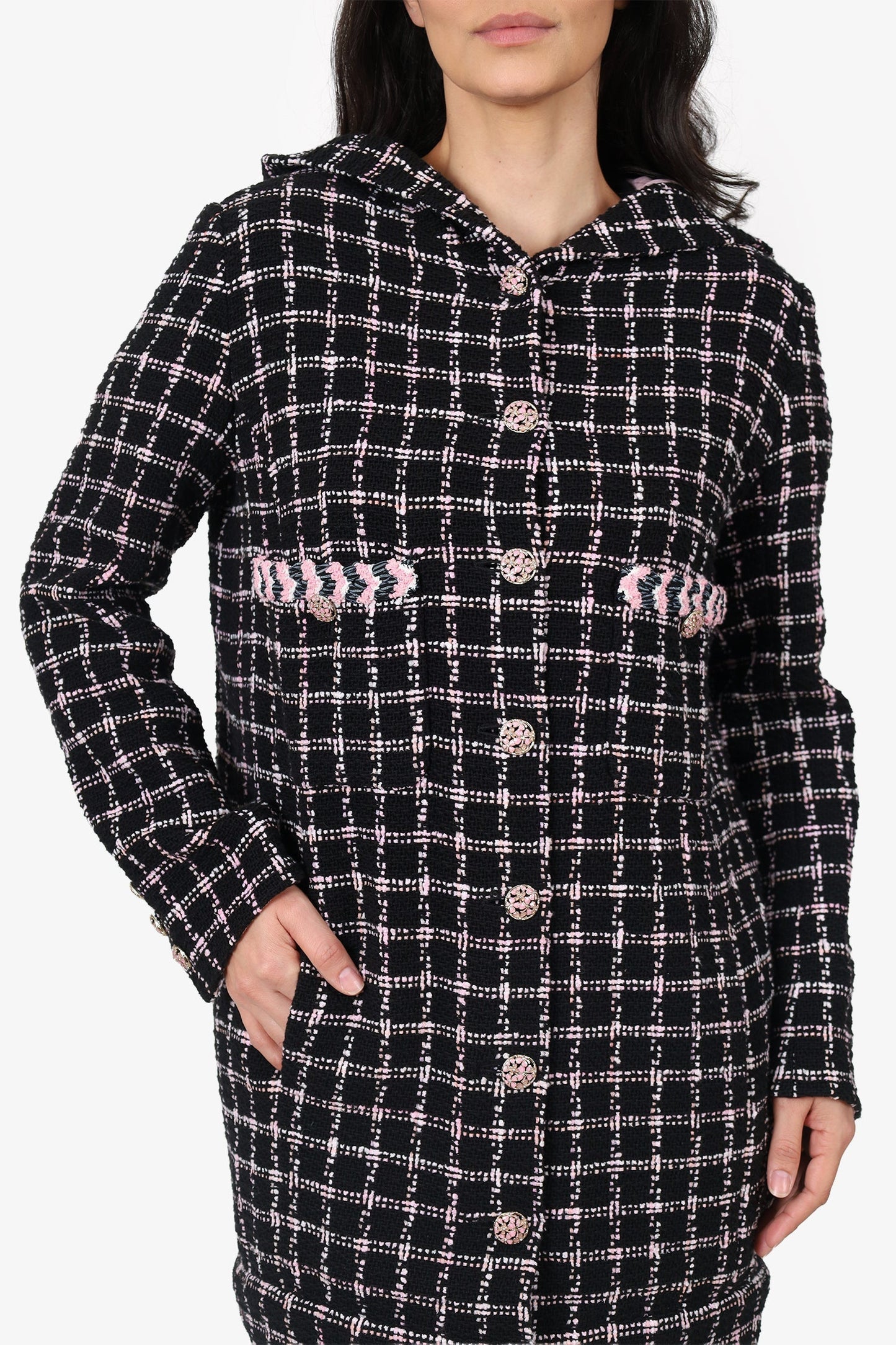 Chanel™ 24S Black/Pink Tweed Coat With Hood Size 42