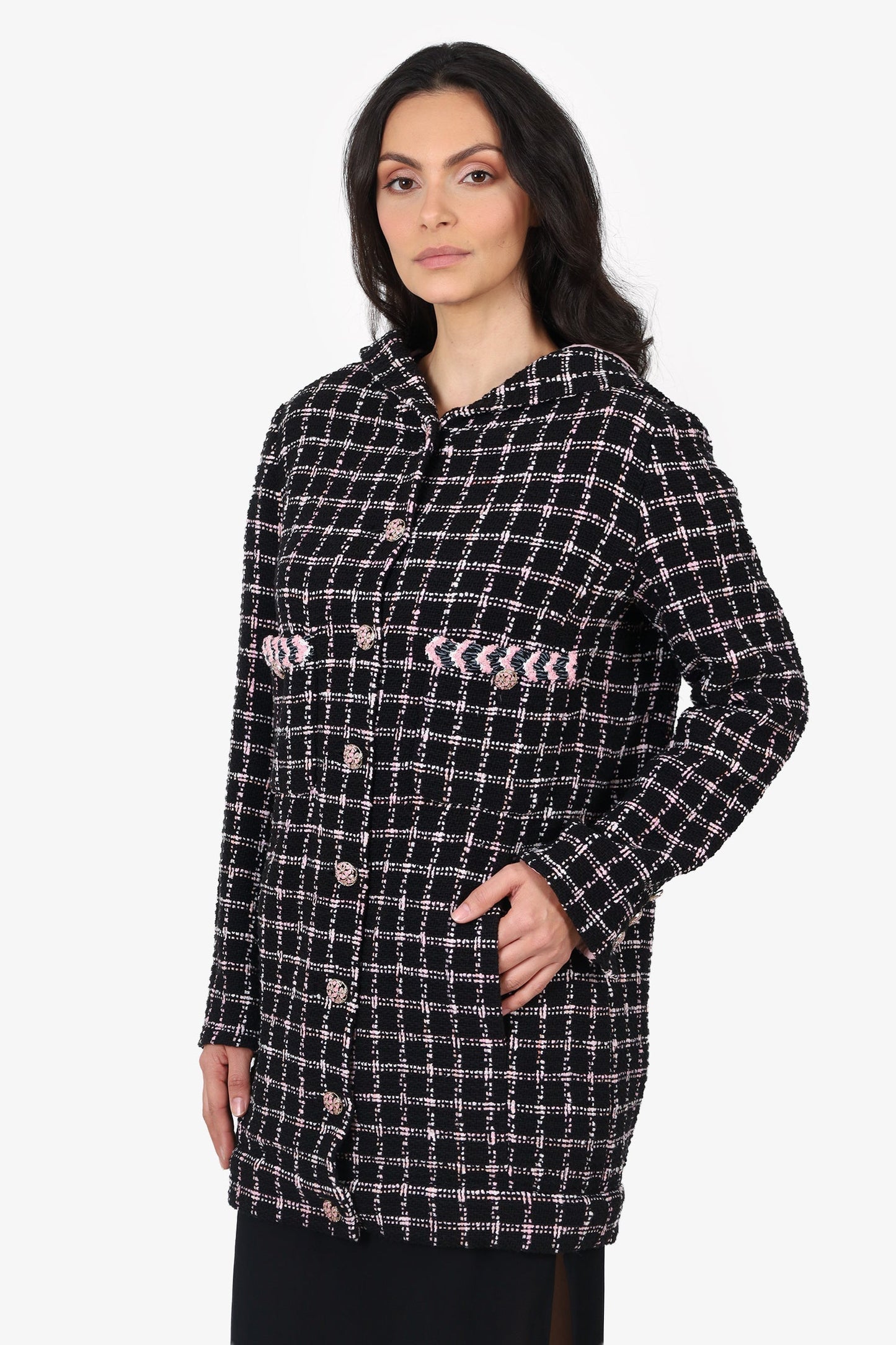 Chanel™ 24S Black/Pink Tweed Coat With Hood Size 42