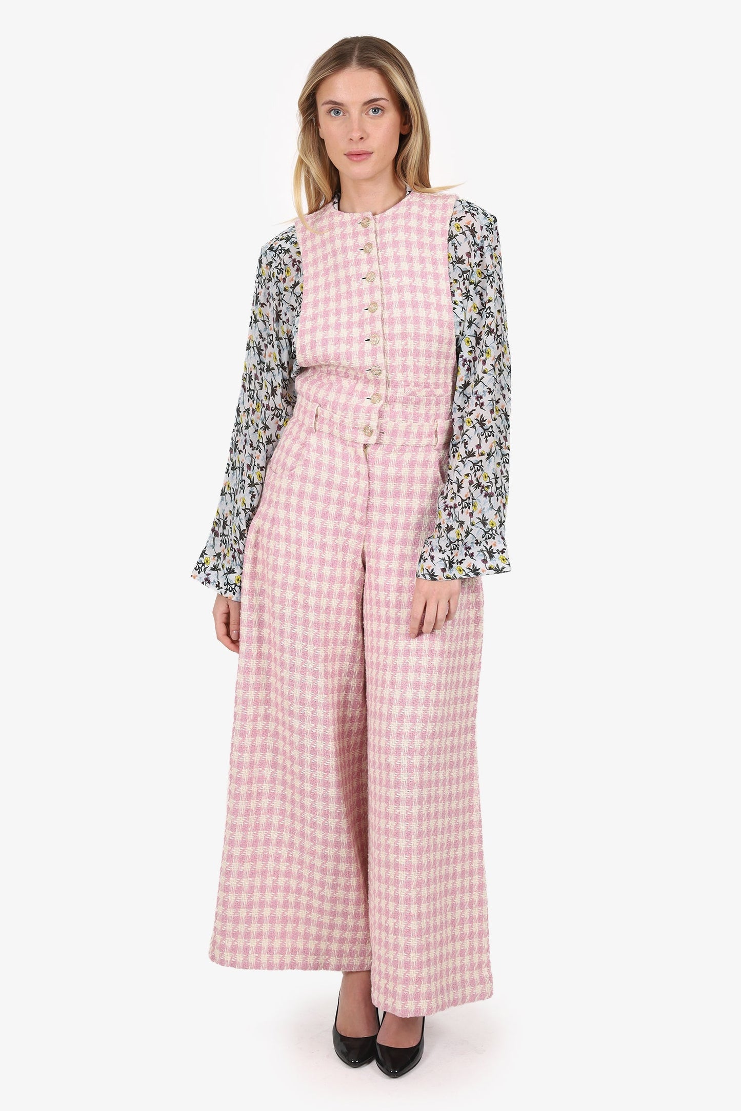 Pre-Loved Chanel™ 23SS Pink/White Tweed Plaid Jumpsuit Size 36