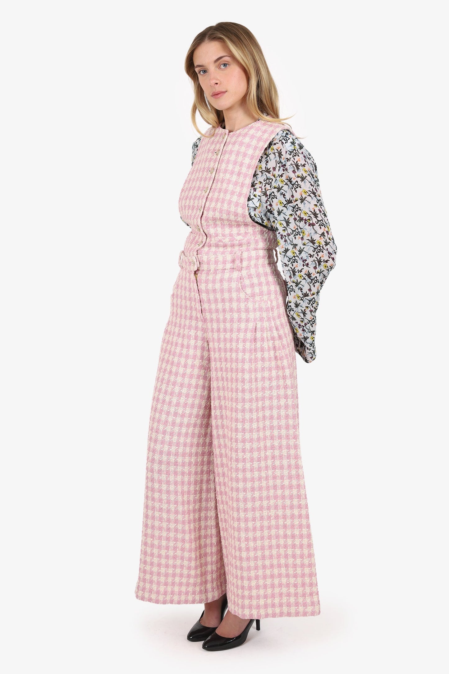 Pre-Loved Chanel™ 23SS Pink/White Tweed Plaid Jumpsuit Size 36