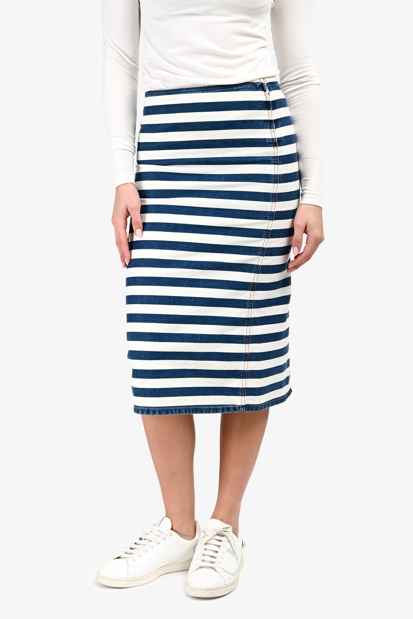 Prada 2021 White/Blue Denim Striped Midi Skirt Size 38
