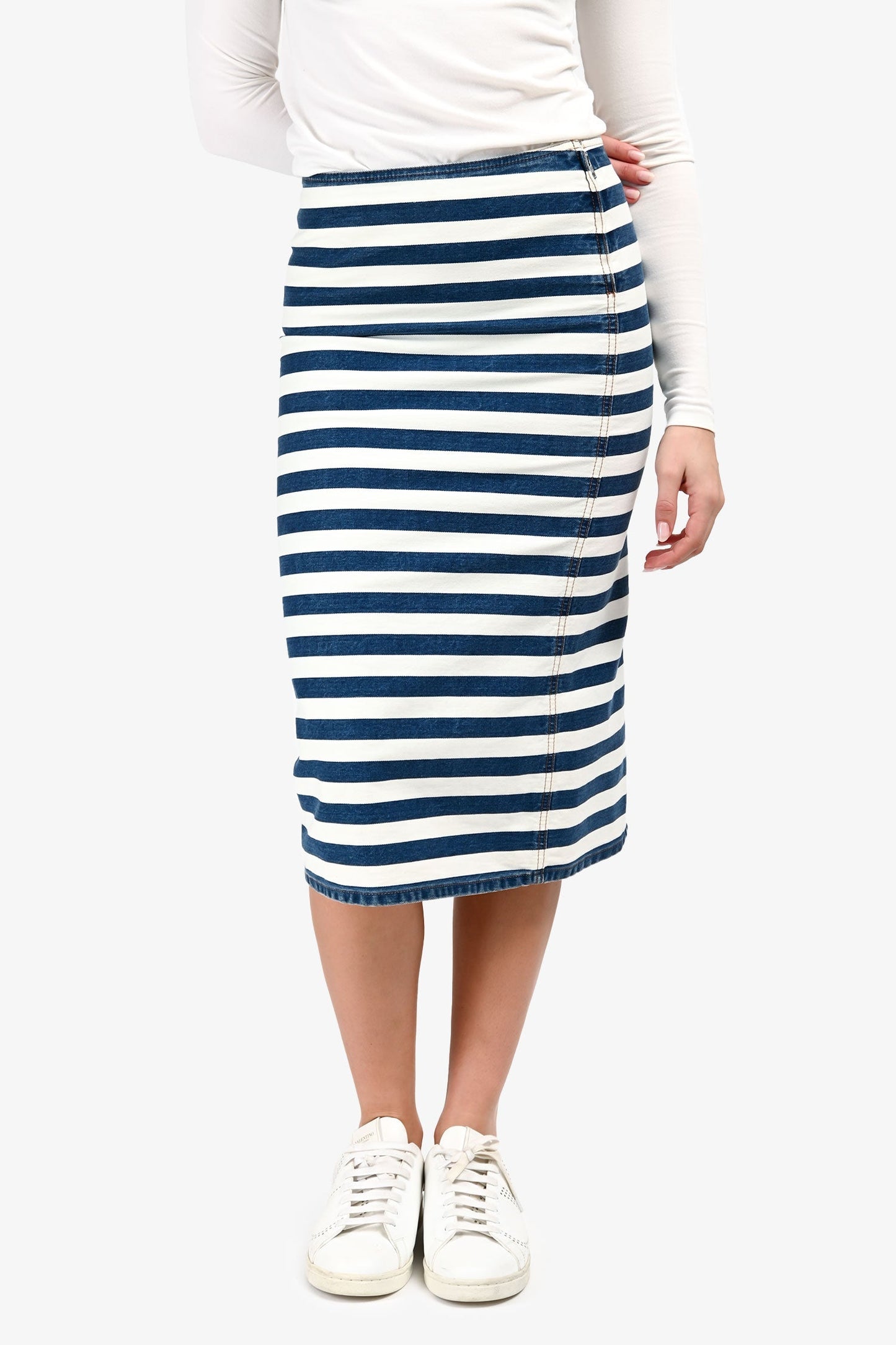 Prada 2021 White/Blue Denim Striped Midi Skirt Size 38