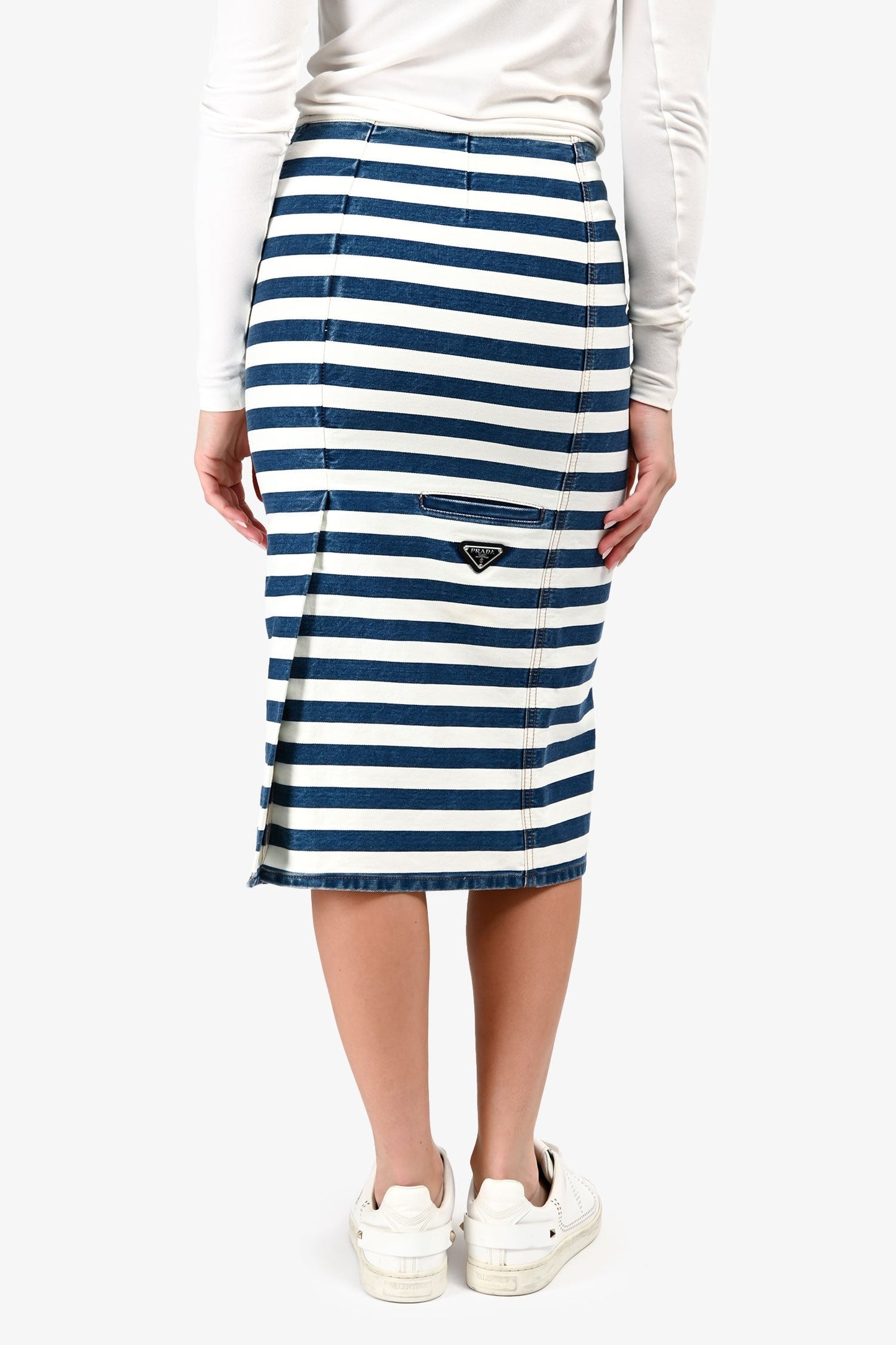 Prada 2021 White/Blue Denim Striped Midi Skirt Size 38