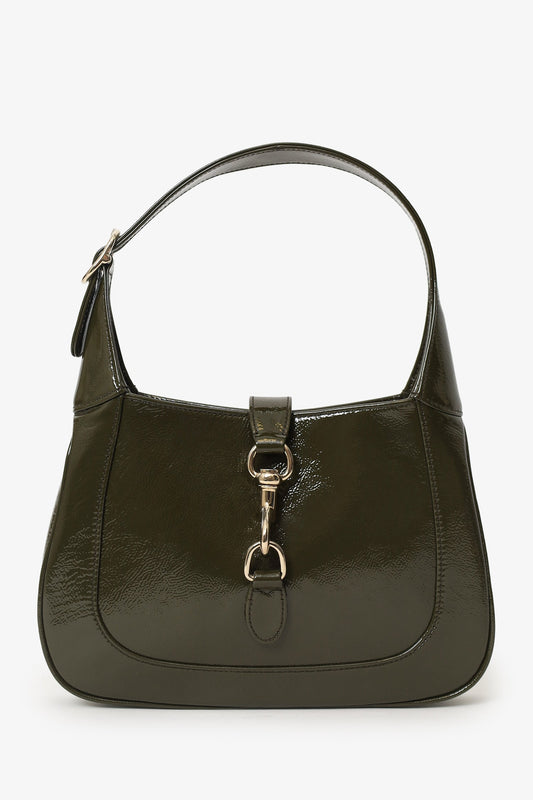 Gucci Khaki Green Patent Leather Small Jackie Bag With Web Strap