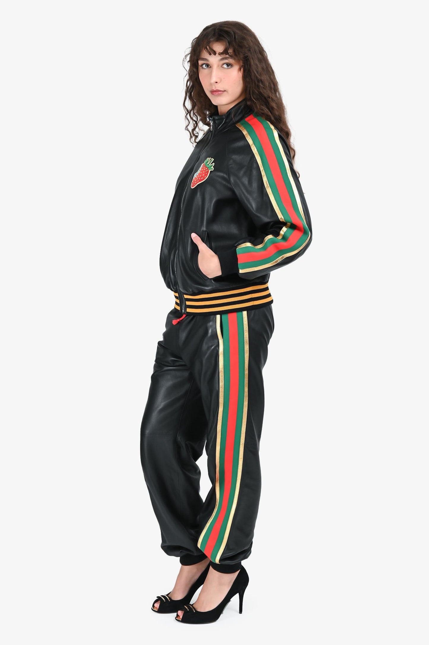 Gucci Black Leather Strawberry Embroidered Web Bomber Jacket Size 40 + Pants Size 38