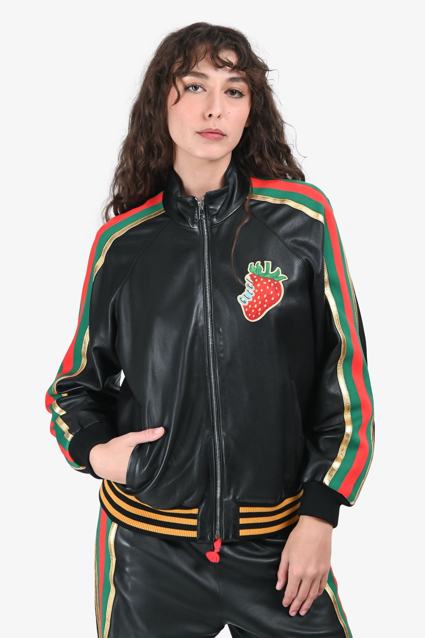 Gucci Black Leather Strawberry Embroidered Web Bomber Jacket Size 40 + Pants Size 38