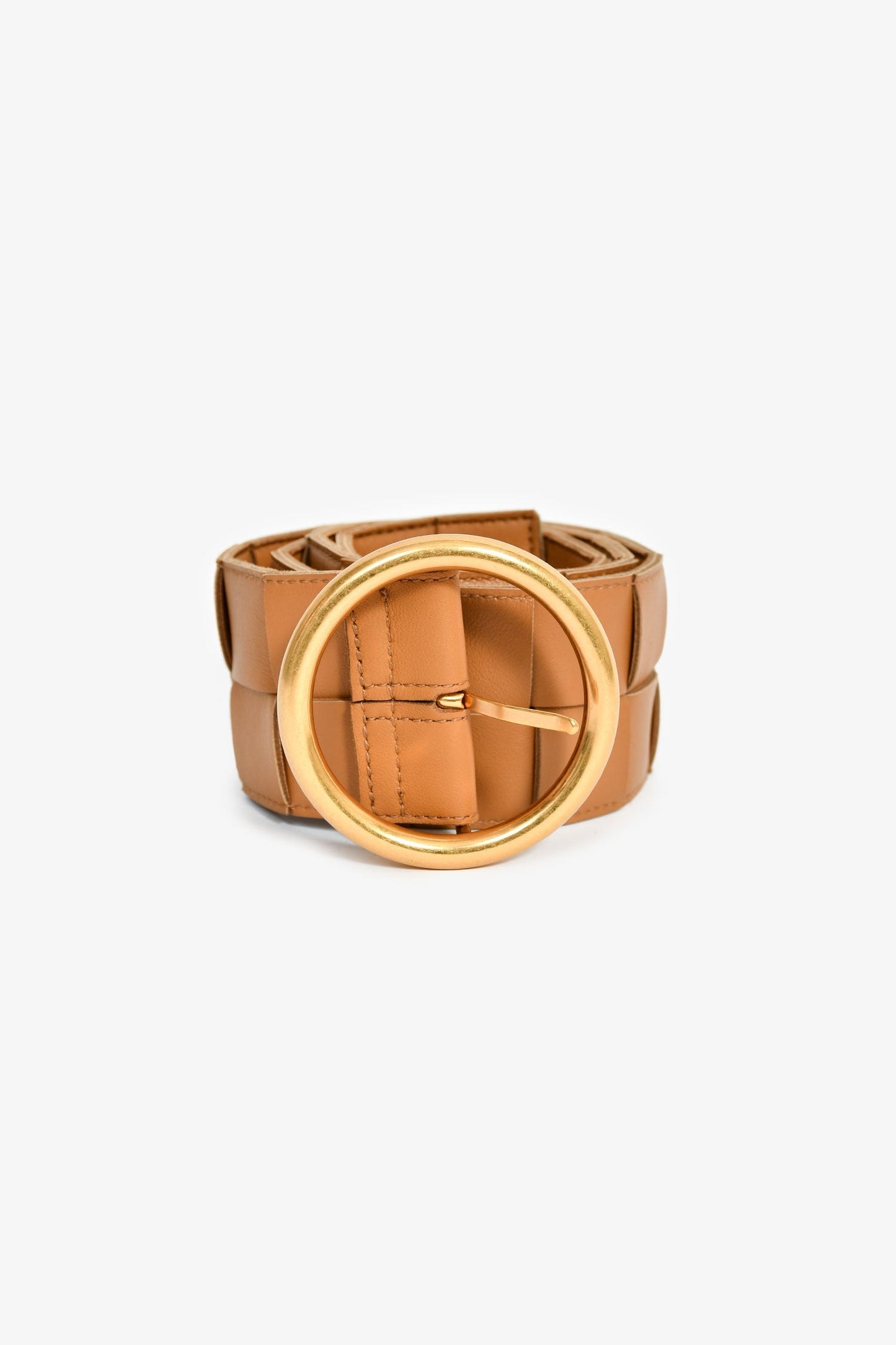 Bottega Veneta Camel Maxi Intrecciato Leather Round Buckle Belt Size 80