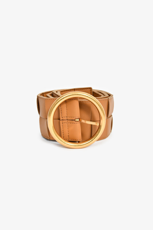 Bottega Veneta Camel Maxi Intrecciato Leather Round Buckle Belt Size 80