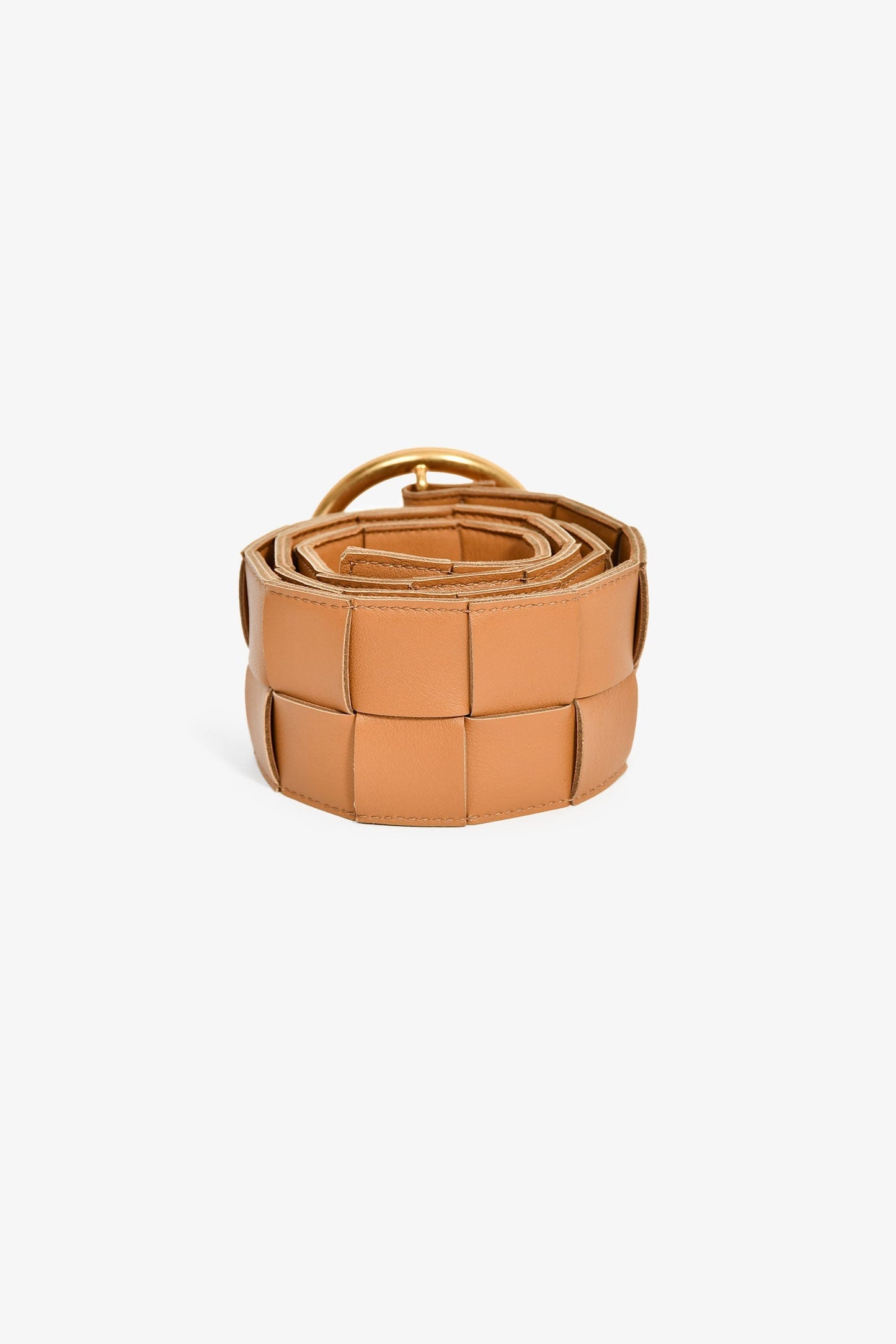 Bottega Veneta Camel Maxi Intrecciato Leather Round Buckle Belt Size 80