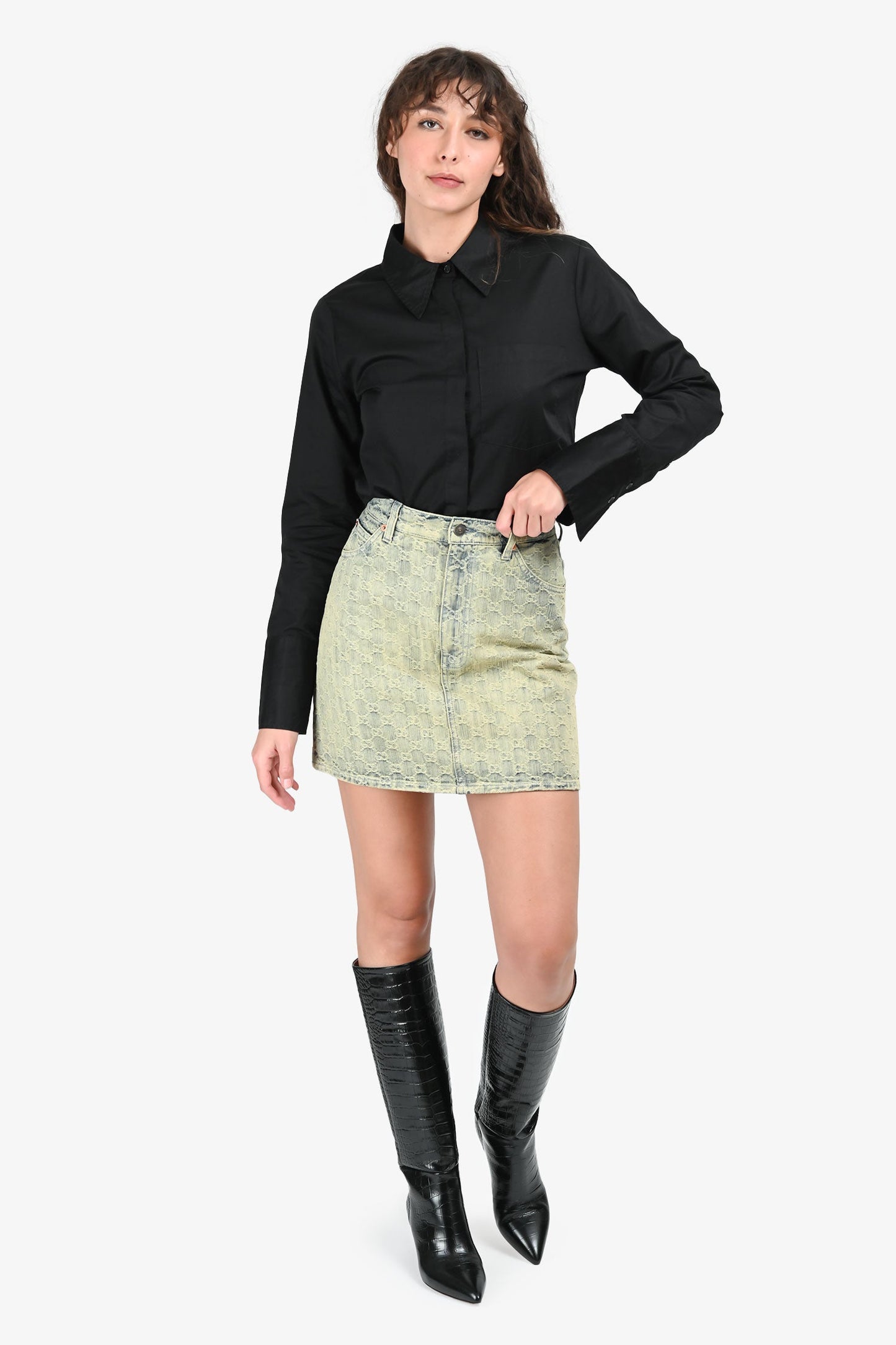 Gucci Light Wash Denim Monogram Mini Skirt Size 36