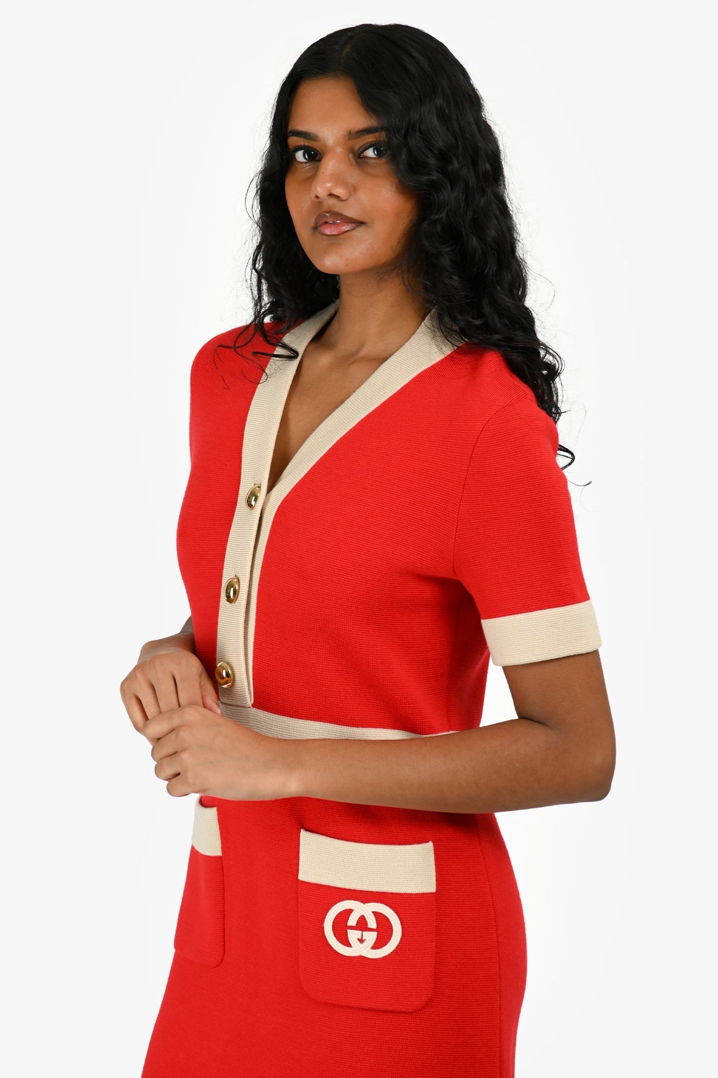 Gucci Red/Cream GG Logo Short Sleeve V Neck Dress Size XS