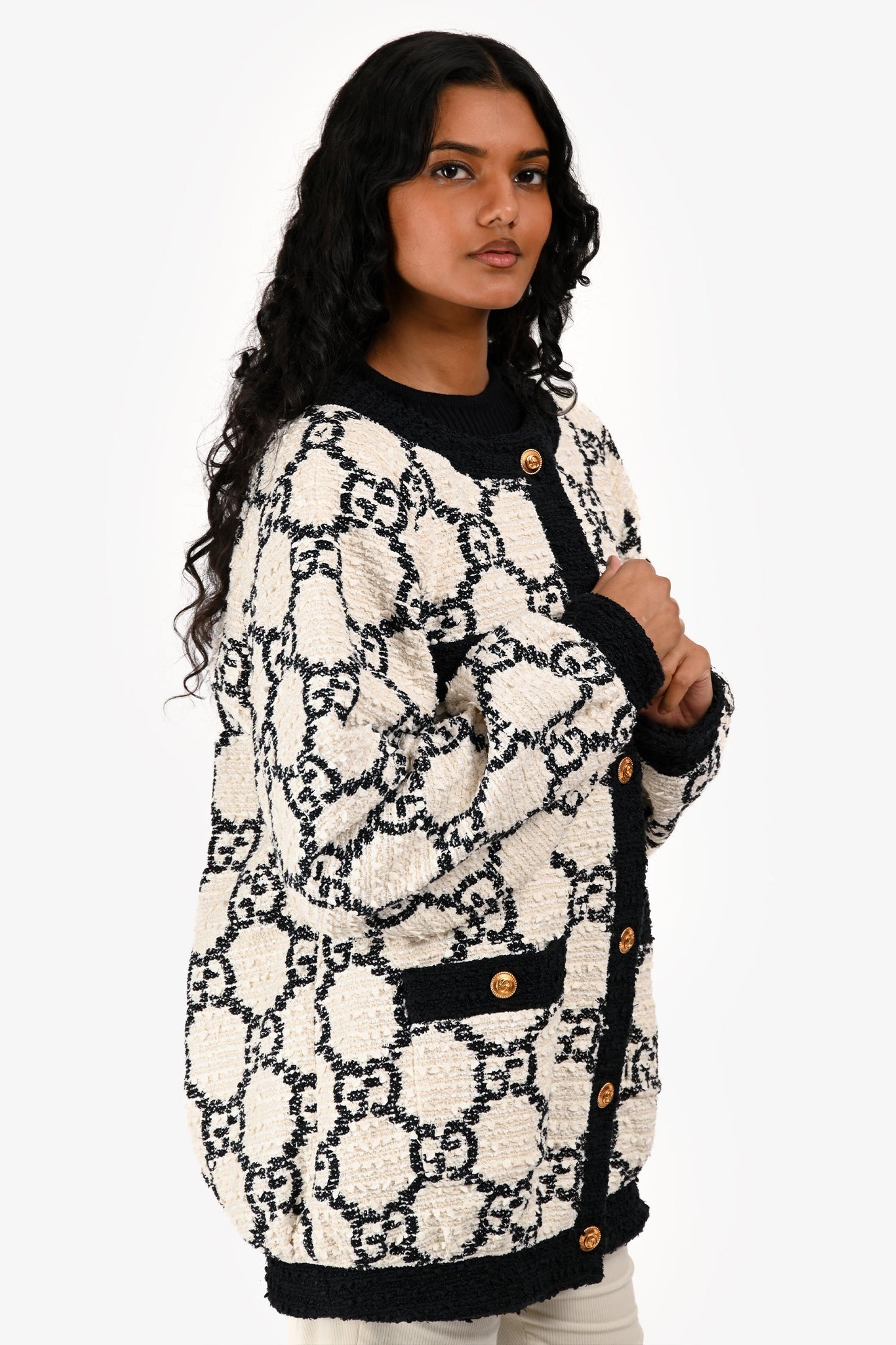 Gucci 2019 White/Black GG Supreme Oversize Tweed Jacket Size 36