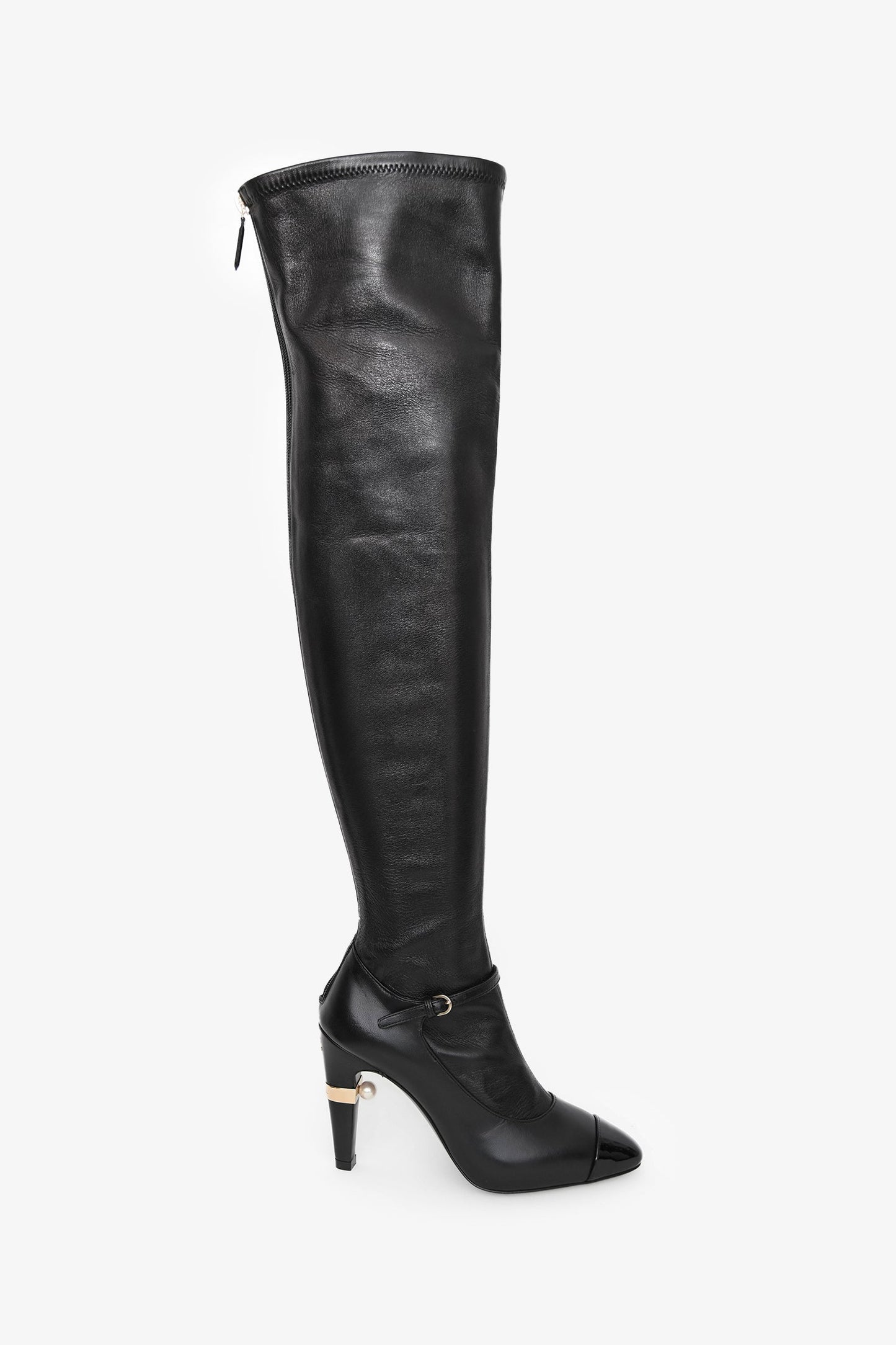 Pre-Loved Chanel™ Black Lambskin Leather Mary Jane Thigh High Heeled Boots with Pearl Size 35